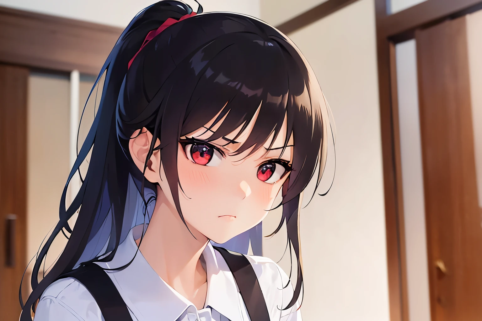 Upper Body, Realistic, real person, RAW photo, photorealistic, portrait photography, shiny skin, japanese idol、shiny hair、(25 year old woman with ponytail hair with black bangs) and (red eyes), (White long Sleeve foemal shirt), Wearing a black apron、(scowl:1.5), blush, The background is the living room、Alone、genkan, JMG2, door

