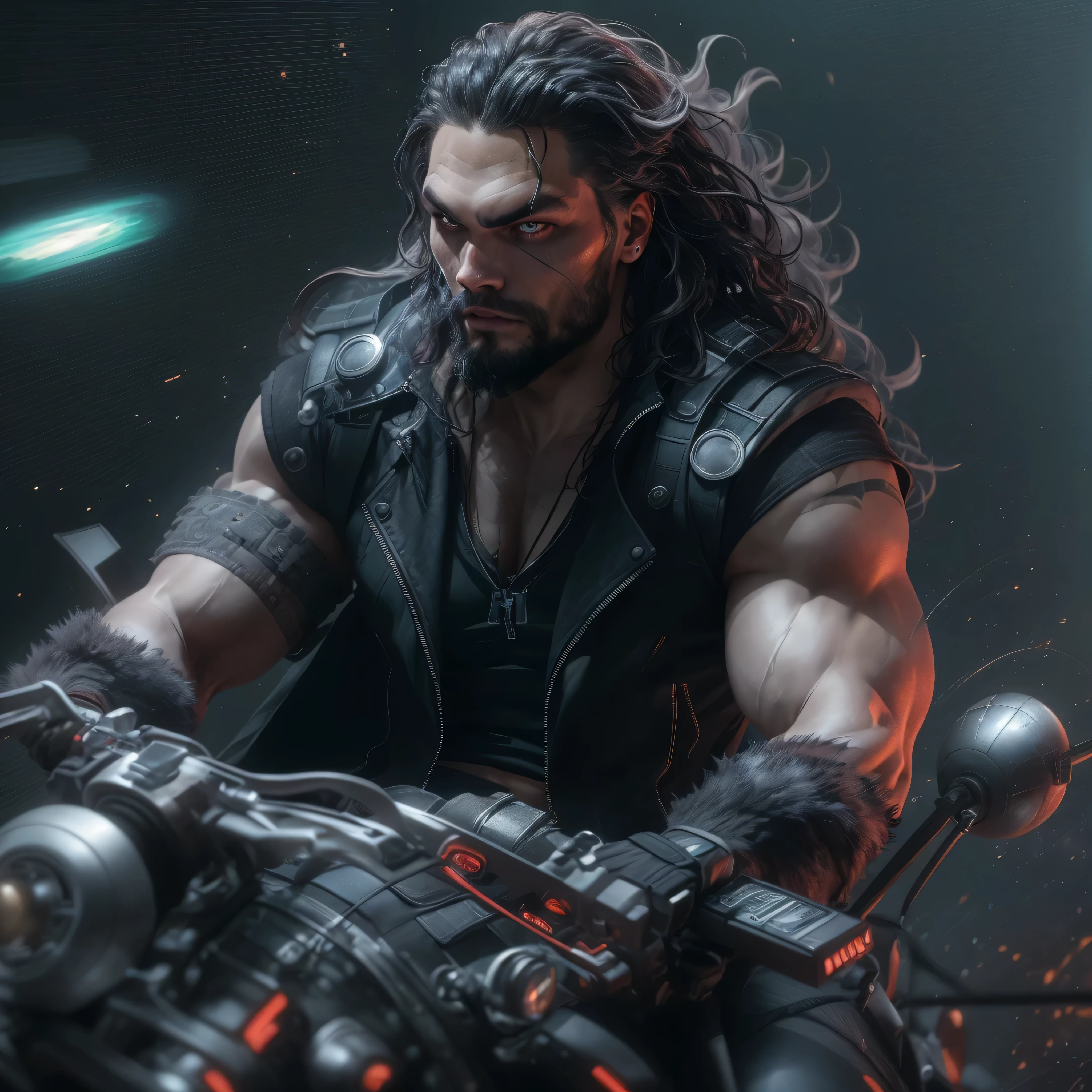 Full body image, a photo of Jason Momoa as Lobo from DC comics, muscular, ((((ghostly super pale skin)))), (((red eyes))), sleeveless black biker vest, black hair, riding space sci-fi hoverbike, Intricate, High Detail, Sharp focus, dramatic, photorealistic digital art, photo-realistic, octane render, unreal engine, ultra-realistic