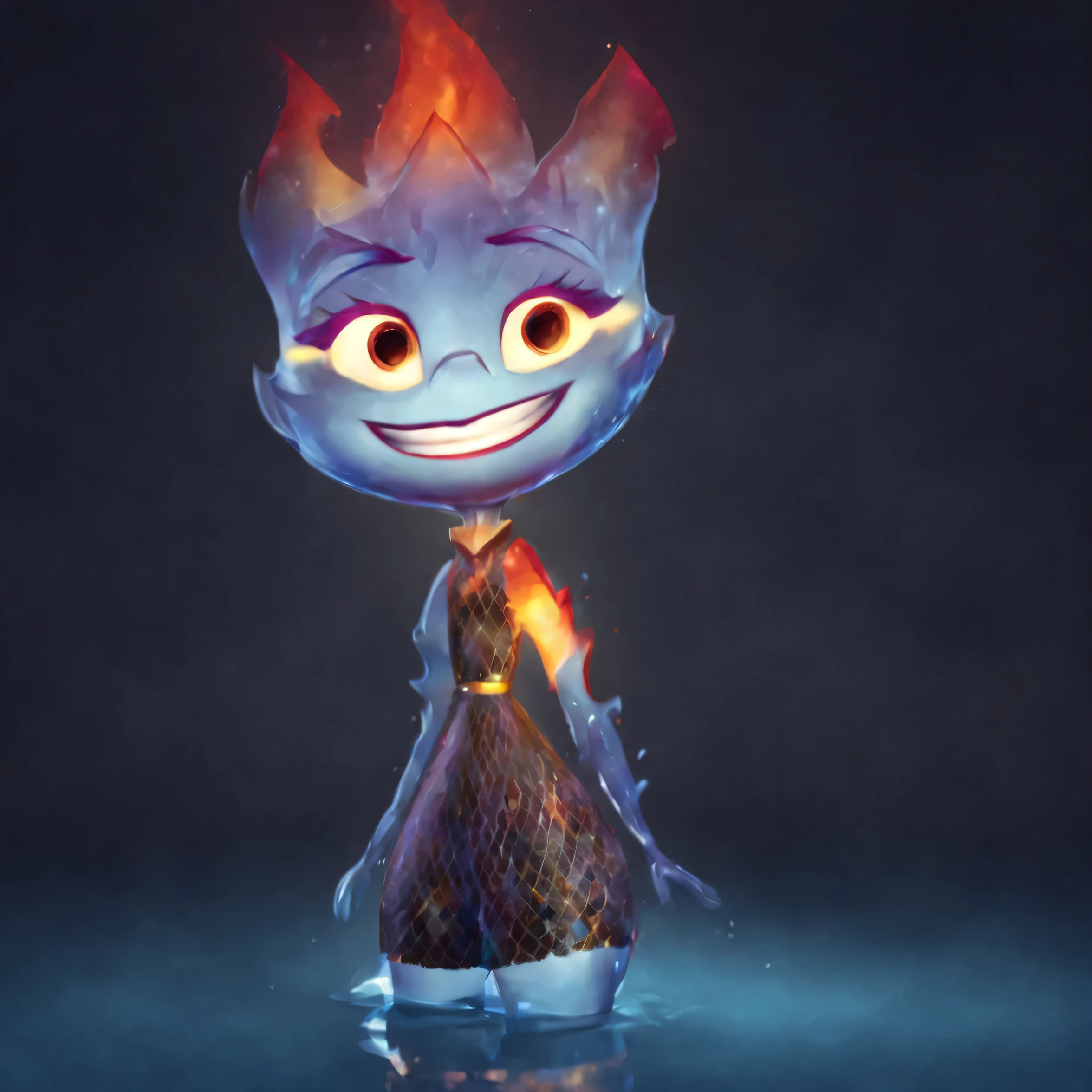 concept art portrait ember standing, cute ember, she is made of water, looking away, jelly texture, three quarters, short length body, digital artwork, cute wade face, wide happy smile, vivid water glossy texture, 3d render, glossy painting, highly detailed, blue background, high detailed water texture, blue rim light, vivid saturation render, pure black background, rim light, 4k, detailed digital art, reflective, best quality, 4k, masterpiece:1.2, ultra-detailed, realistic, vivid colors, The image of the highest quality, ensuring every detail showcased perfectly. It in 4k resolution, allowing viewers to immerse themselves in the richness of the colors and intricate details. The realistic rendering. under the spotlight, reflecting, high-resolution image, realistic rendering, dark background, and rim light
