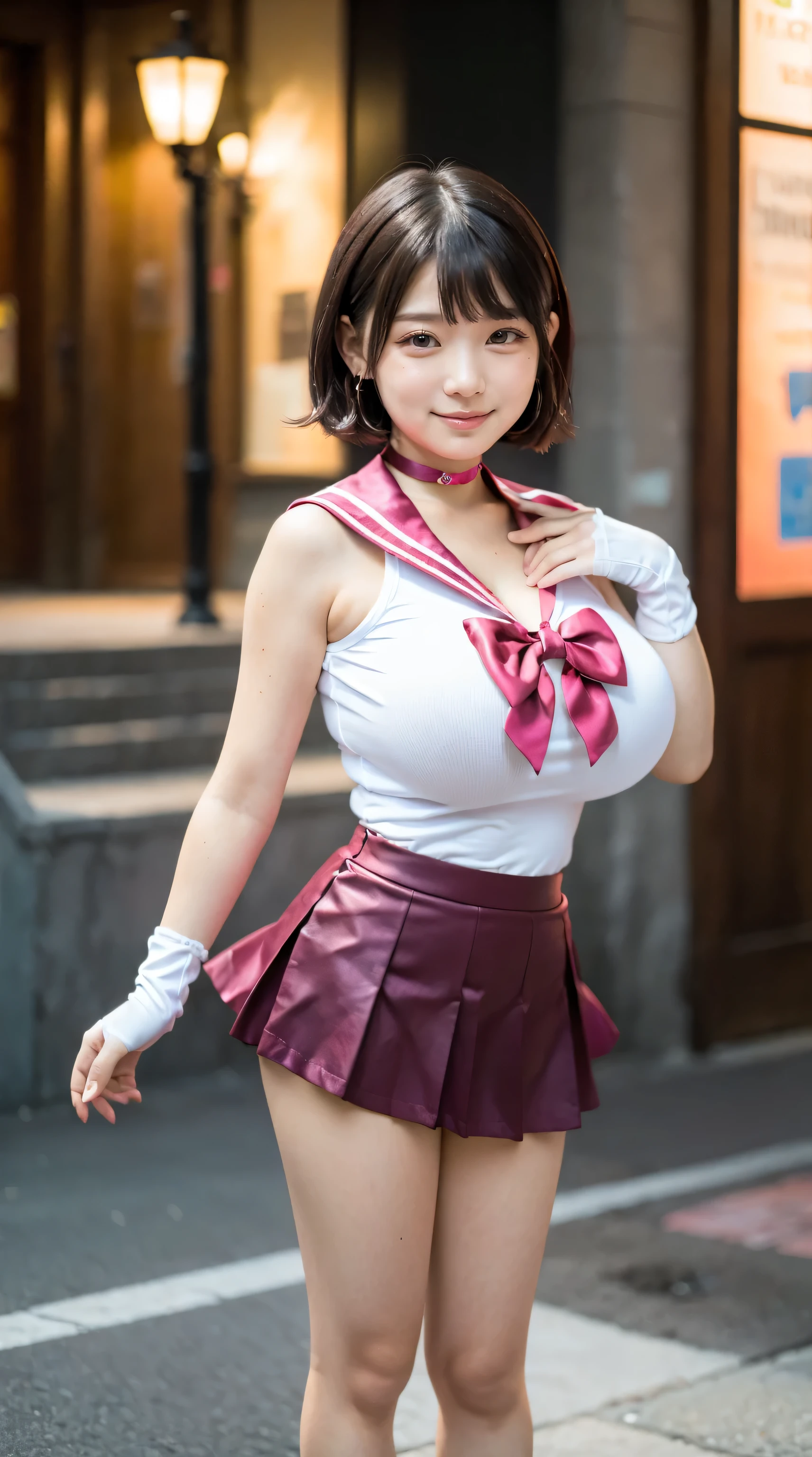 (8K, RAW photo, highest quality, masterpiece, realistic, detailed face, fine skin, Warm color temperature, high angle shot, center view, looking at the viewer:1.2), (full body shot, Front view, straight:1.5), (alone:1.5), 1 girl, (Ople:1.5), beautiful japanese girl, wear (Sailor Moon costume:1.3), (elbow bag, heart brooch, Magical girl, pink ribbon, pink choker, Pink sailor color, pink pleated micro skirt:1.2), tight top, No bra, Are standing, (huge breasts:1.3), (low length:1.3), Height: 140cm, slim, (Short arms and legs:1.2), brown hair, (short hair, bob:1.3), amount, Dull color, earrings, in the street, (night:1.2), smile