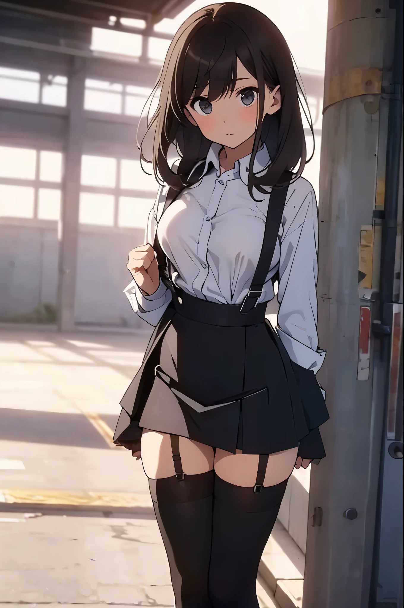 brown hair、looking at the viewer　　suspenders　　　Bulging big breasts　　 　 　　　　Black miniskirt　garter belt　knee high socks　　　　　　Gaze　　　small face　bangs 　　　　　Beauty　　hands up　　 　Gaze 　black boots 　provocation　　　one person 　　put your hands behind your back　cutter shirt　　Panty shot　hands behind　put your hands behind your back