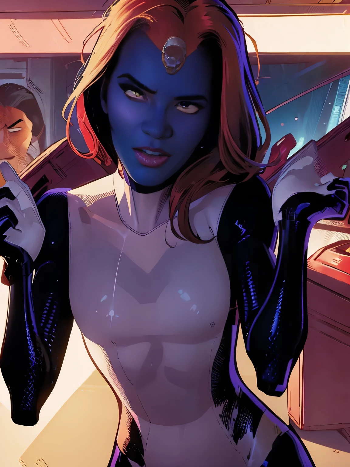 (((COMIC STYLE, CARTOON ART))), cinematic. 01 girl, solo, lonly, A image of Mystique member of the X-Men, (((wearing mystique suit))). A woman with ((blue skin)) red hair. slim body, Slim Hot body, sexy, sensual, (((camel toes ))), (((Camel Toes))). Detailed, detailed face, intricate, glowing. (((Cinematic destroyed city in background))), depth of field background.