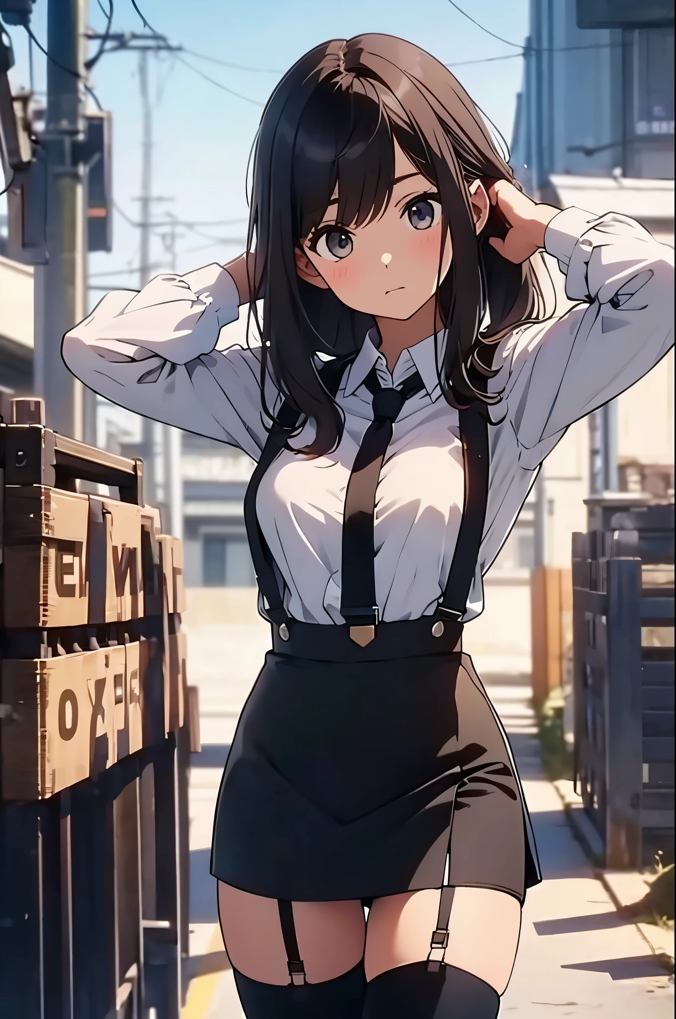 brown hair、looking at the viewer　　suspenders　　　Bulging big breasts　　 　 　　　　Black miniskirt　garter belt　knee high socks　　　　　　Gaze　　　small face　bangs 　　　　　Beauty　　hands up　　 　Gaze 　black boots 　provocation　　　one person 　　put your hands behind your back　cutter shirt　　Panty shot　hands behind　put your hands behind your back