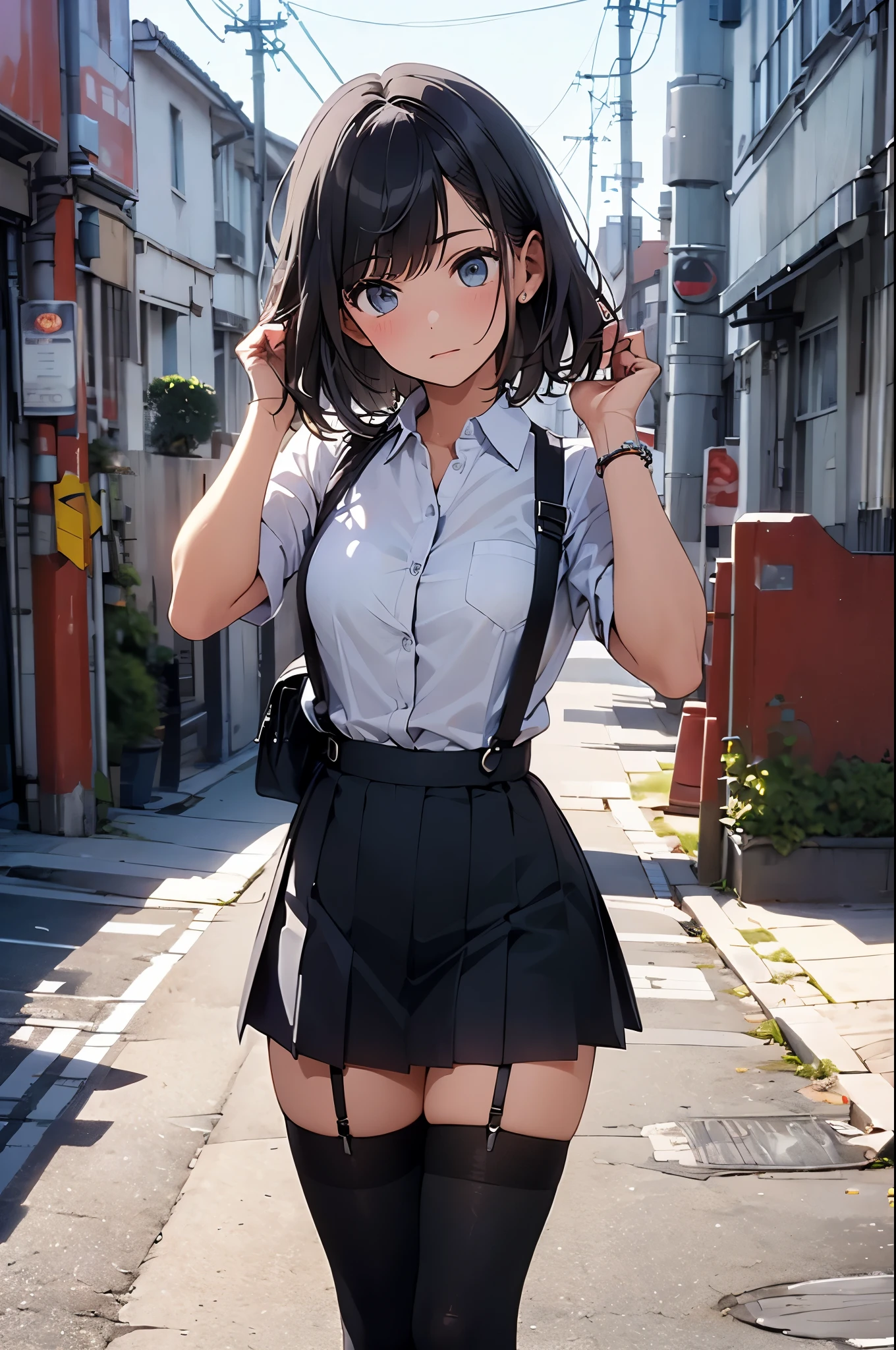 brown hair、looking at the viewer　　suspenders　　　Bulging big breasts　　 　 　　　　Black miniskirt　garter belt　knee high socks　　　　　　Gaze　　　small face　bangs 　　　　　Beauty　　hands up　　 　Gaze 　black boots 　provocation　　　one person 　　put your hands behind your back　cutter shirt　　Panty shot　hands behind　put your hands behind your back