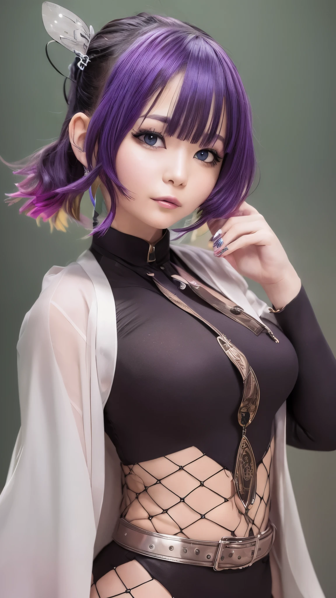masterpiece, highest quality, high resolution, 1 girl, solo, Kocho Shinobu, butterfly hair ornament, purple eyes, colorful hair, short hair, parted bangs, black jacket, long sleeve, internal, Upper body、 smile,、desert、Japanese