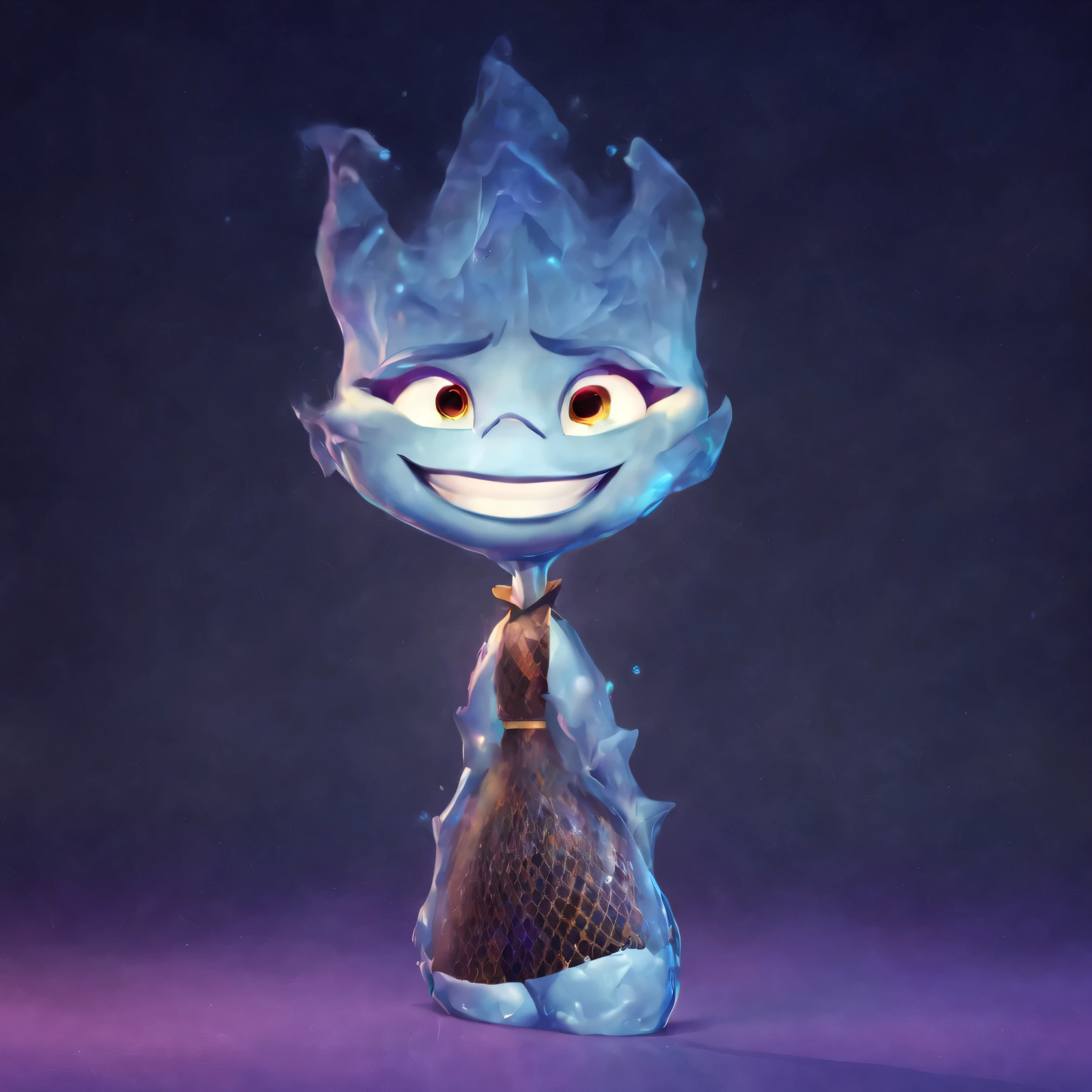 concept art portrait ember made of water standing, cute ember, she is made of water, looking away, jelly water texture, three quarters, short length body, digital artwork, cute wade face, wide happy smile, vivid water glossy texture, 3d render, glossy painting, highly detailed, blue background, high detailed water texture, blue rim light, vivid saturation render, pure black background, rim light, 4k, detailed digital art, reflective, best quality, 4k, masterpiece:1.2, ultra-detailed, realistic, vivid colors, The image of the highest quality, ensuring every detail showcased perfectly. It in 4k resolution, allowing viewers to immerse themselves in the richness of the colors and intricate details. The realistic rendering. under the spotlight, reflecting, high-resolution image, realistic rendering, dark background, and rim light
