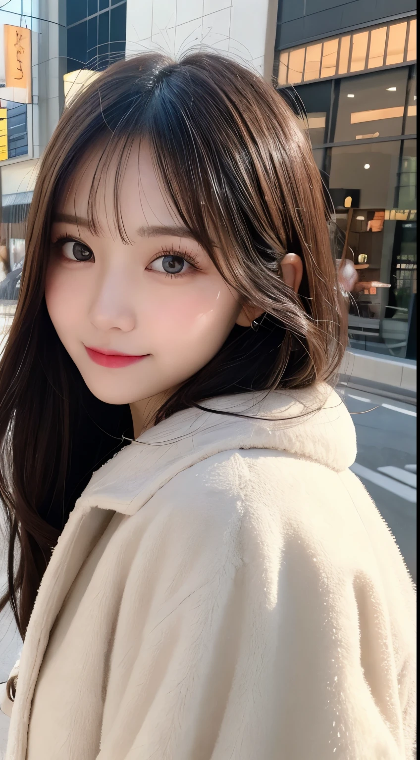 table top, highest quality, shape, Super detailed, finely, High resolution, 8k wallpaper, 完璧なダイナミックな構shape, beautiful and detailed eyes, Gorgeous black fluffy Tokyo winter clothes,ランダムなcute髪,,natural color lip, bold sexy pose,smile、20 year old girl、cute、sexy shot looking at camera,Always blur the background,perfect and beautiful face,Take only the face,beautiful and detailed face、slim face and style,Big eyes、Do gal makeup,small face,Wearing a luxury brand mink coat