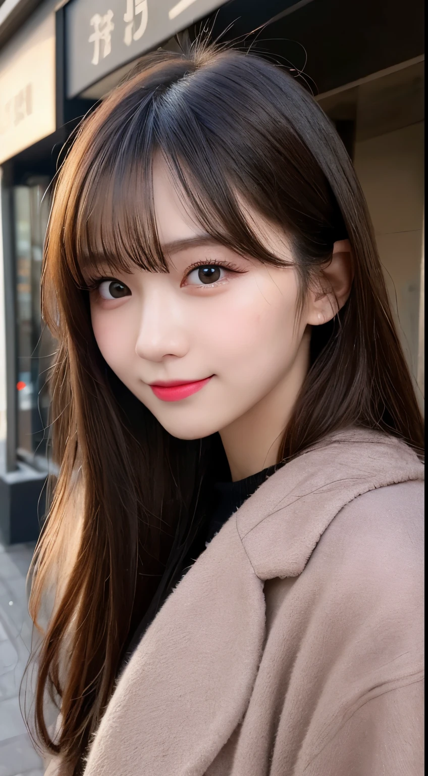 table top, highest quality, shape, Super detailed, finely, High resolution, 8k wallpaper, 完璧なダイナミックな構shape, beautiful and detailed eyes, Gorgeous black fluffy Tokyo winter clothes,ランダムなcute髪,,natural color lip, bold sexy pose,smile、20 year old girl、cute、sexy shot looking at camera,Always blur the background,perfect and beautiful face,Take only the face,beautiful and detailed face、slim face and style,Big eyes、Do gal makeup,small face,Wearing a luxury brand mink coat