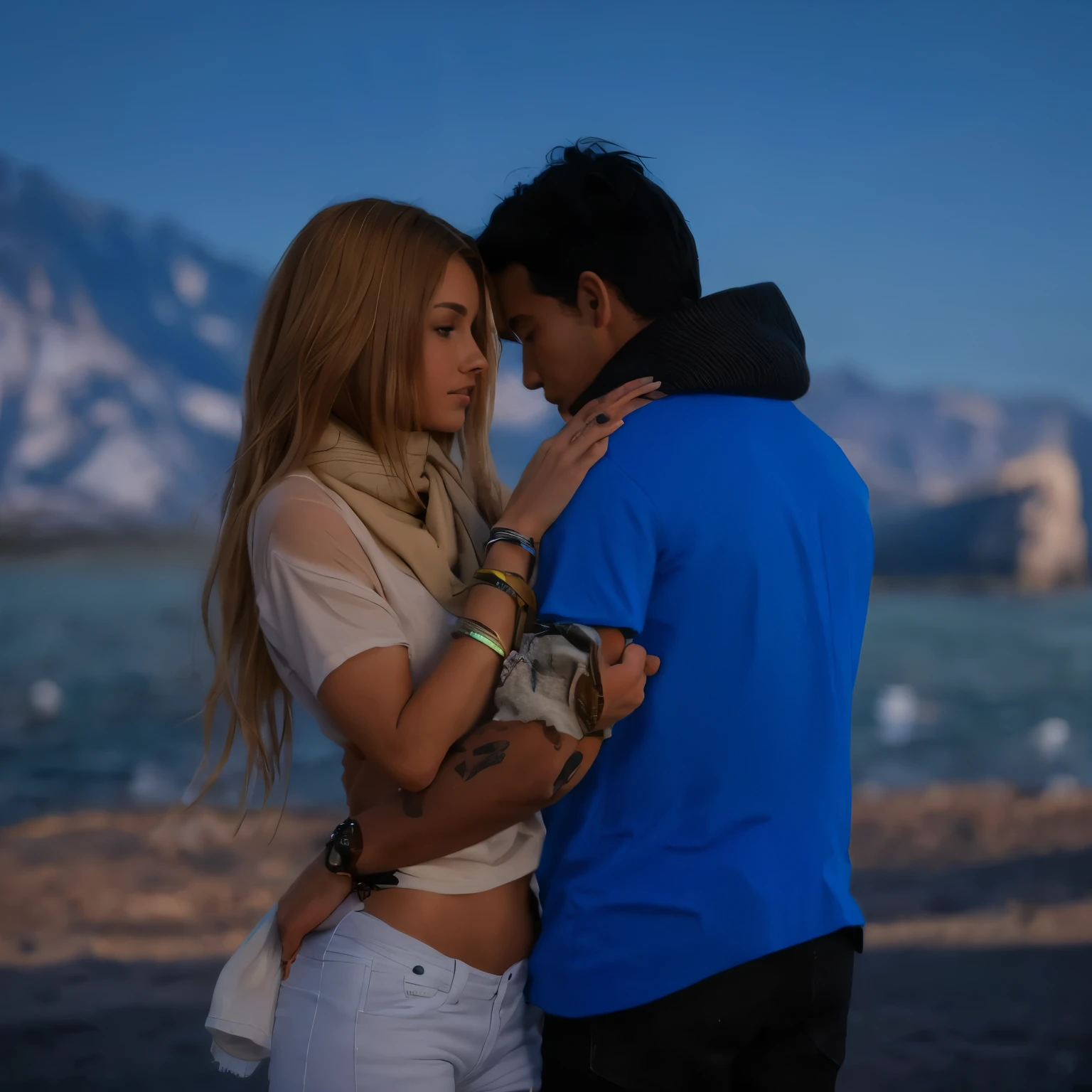 there is a man and woman standing next to each other, the girl has brown long hair and is wearing a white top with white jeans the boy is wearing a black scarf blue tshirt and black jeans, the boy is holding the girl's hips and the girl is holding the boy's shoulder
