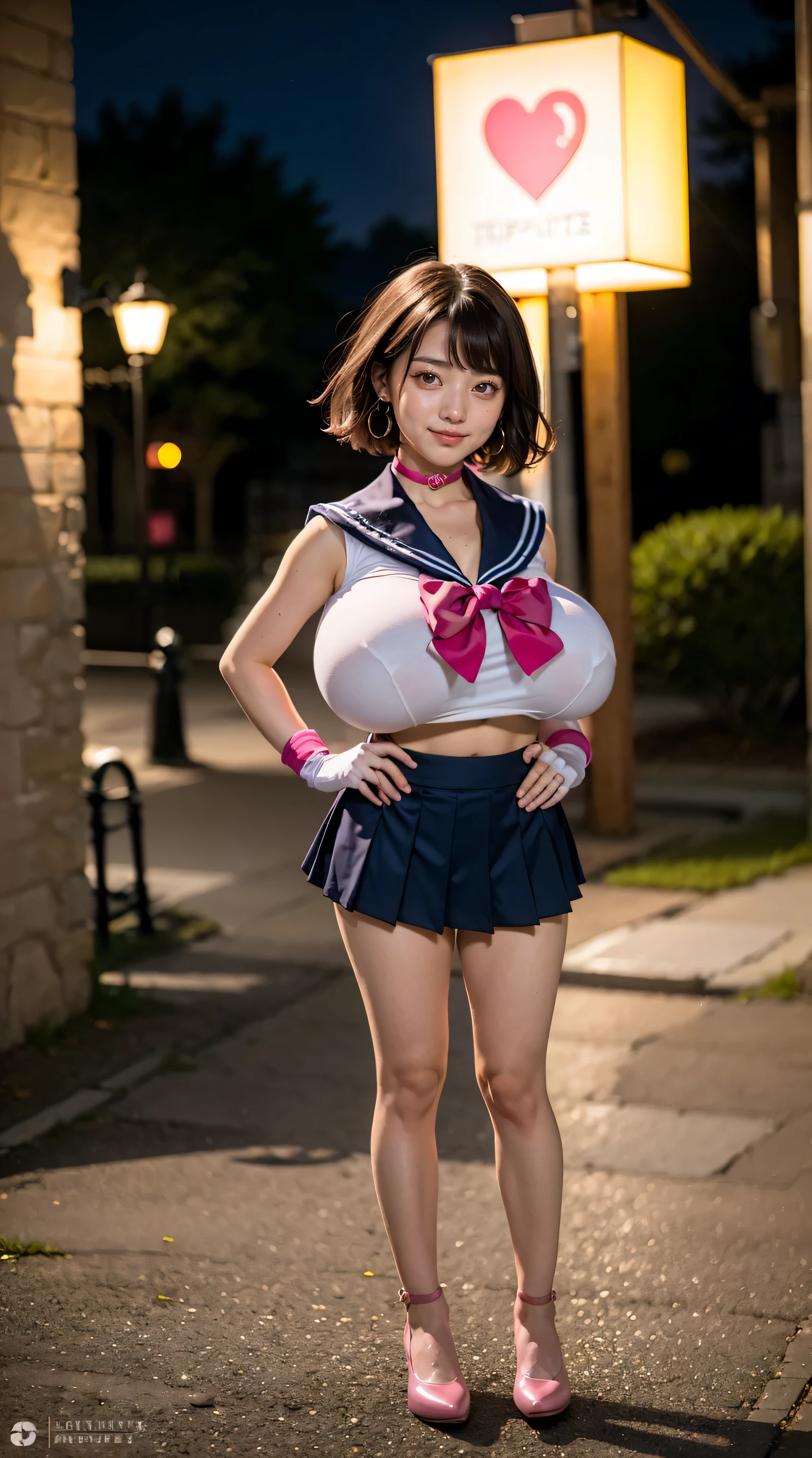 (8K, RAW photo, highest quality, masterpiece, realistic, detailed face, fine skin, Warm color temperature, high angle shot, center view, looking at the viewer:1.2), (full body shot, Front view, straight:1.5), (alone:1.5), 1 girl, (Ople:1.5), beautiful japanese girl, wear (Sailor Moon costume:1.3), (elbow bag, heart brooch, Magical girl, pink ribbon, pink choker, Pink sailor color, pink pleated micro skirt:1.2), tight top, No bra, Are standing, (huge breasts:1.3), (low length:1.3), Height: 140cm, slim, (Short arms and legs:1.2), brown hair, (short hair, bob:1.3), amount, Dull color, earrings, in the street, (night:1.2), smile