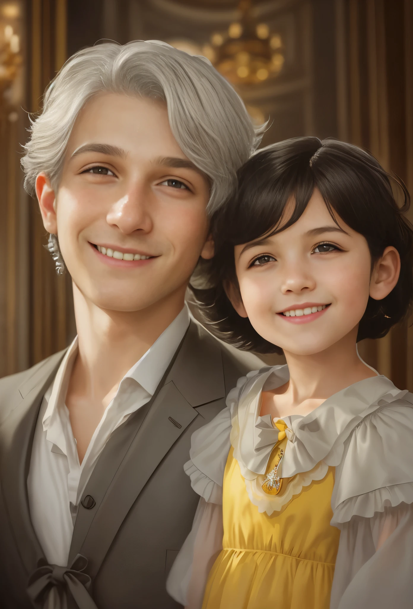 High resolution, portrait, boy and girl with dark hair, 8 years old, light gray hair, short haircut, yellow eyes, smile, crown, portrait, ballroom in the background, realism, fantasy