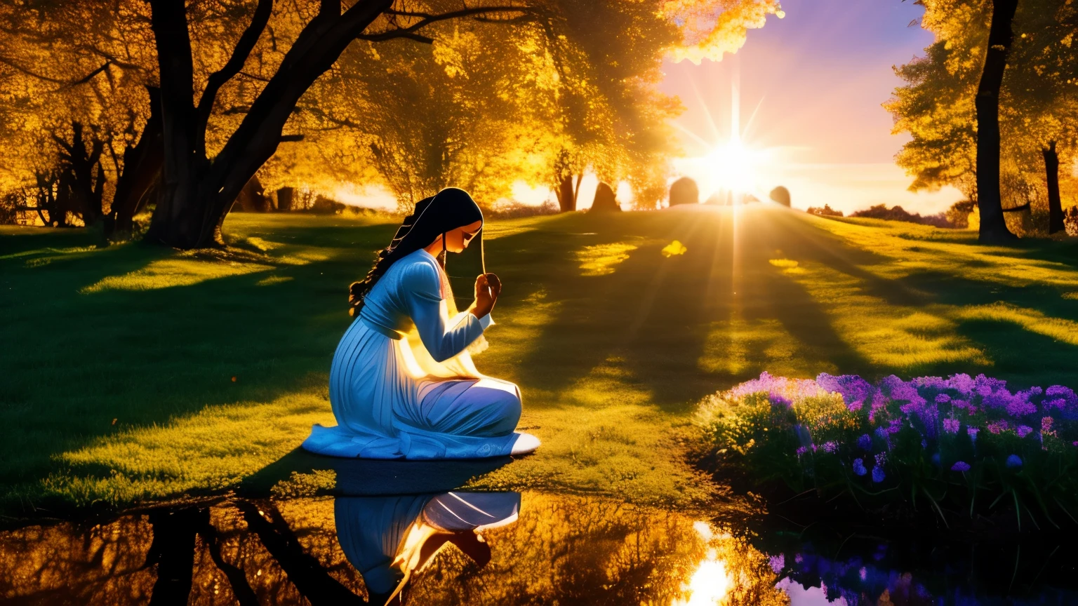 Imagine a figure, kneeling in prayer with hands clasped, surrounded by a circle of light symbolizing the presence of spiritual mentors. Above them, the words "Allow mentors to guide us on the path of life" shimmer softly, conveying the prayer for guidance and direction on the journey of life. Around the figure, shimmering figures of spiritual mentors appear, their forms radiant with divine light. It's a scene of humility and seeking, where the soul opens itself to the wisdom and guidance of its spiritual guides.