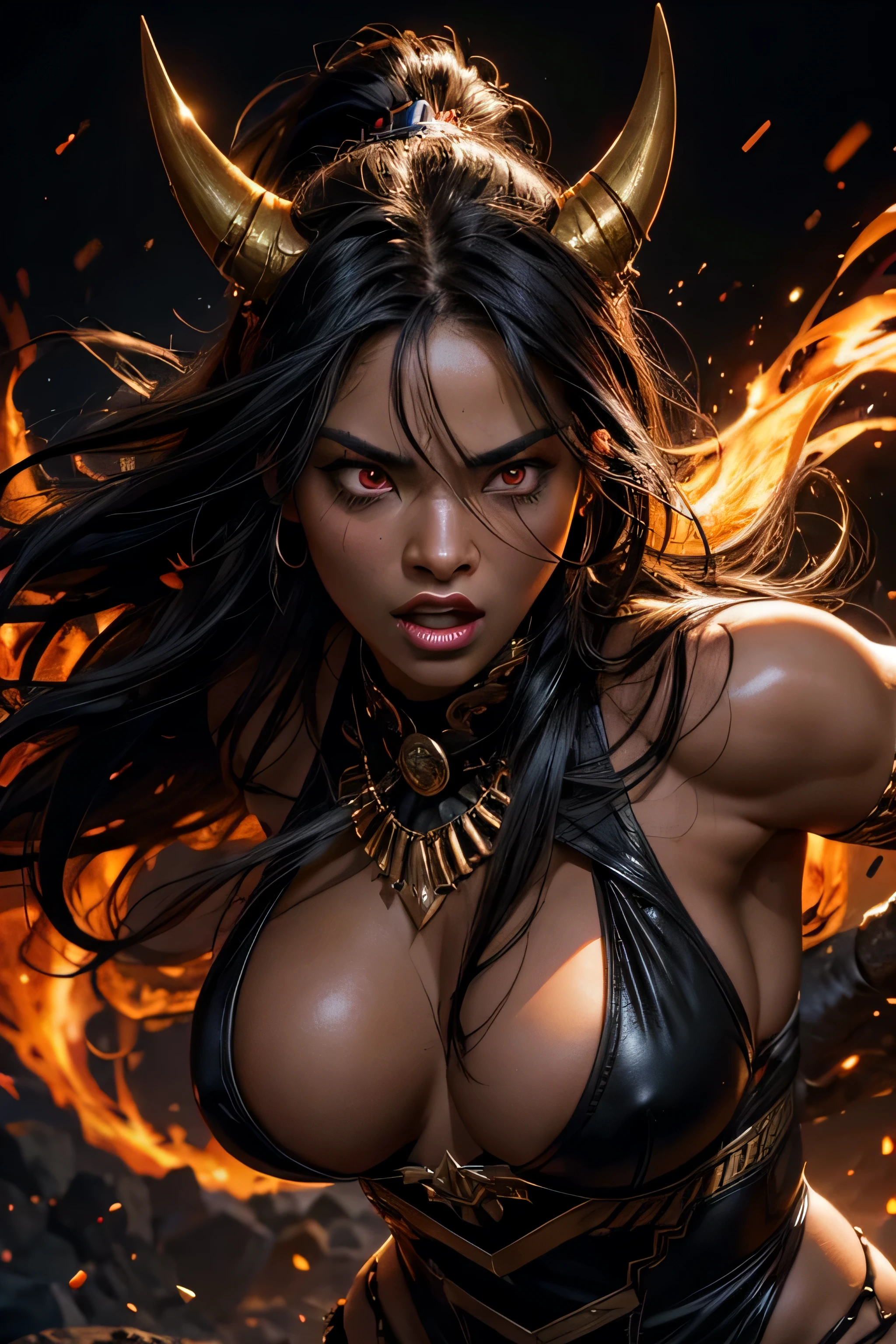 Upscale Download Generation Data Prompt Txt2Img
(highest quality,4K,8K,High resolution,masterpiece:1.2),super detailed,(realistic,photorealistic,photo-realistic:1.37),female demon,swing the golden club vigorously,detailed horn,sharp nails,Dark Red Skin,Fiery eyes,long flowing black hair,fierce expression,Powerful physique,Zigzag pattern on club surface,Smooth and shiny gold texture,eerie atmosphere,dark background,contrasting lighting,Bright colors,dynamic movement,horror,Contrast between light and dark,subtle shadow,A golden aura that envelops the demon,emphasize her strength and intensity,eye-catching composition