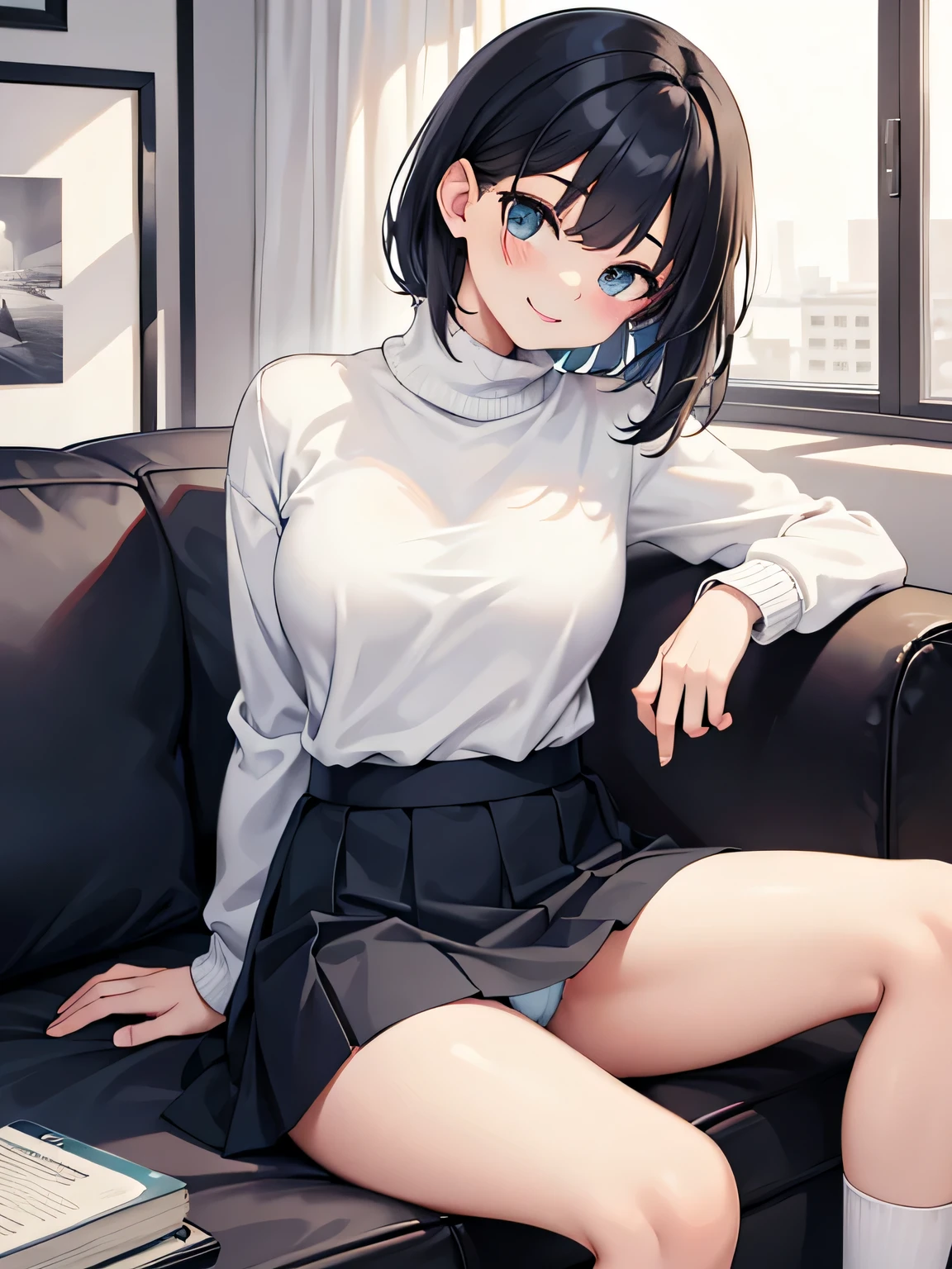 (1) A woman is sitting with her knees together on a sofa in the living room. Light blue pants can be seen through the gap between the skirt and thighs..
(2) The woman is wearing a turtleneck knit, miniskirt and socks.
(3) The woman has medium length black hair.
(4) The woman has a mischievous smile on her face.
(5) The location is the sofa in the living room of the apartment..