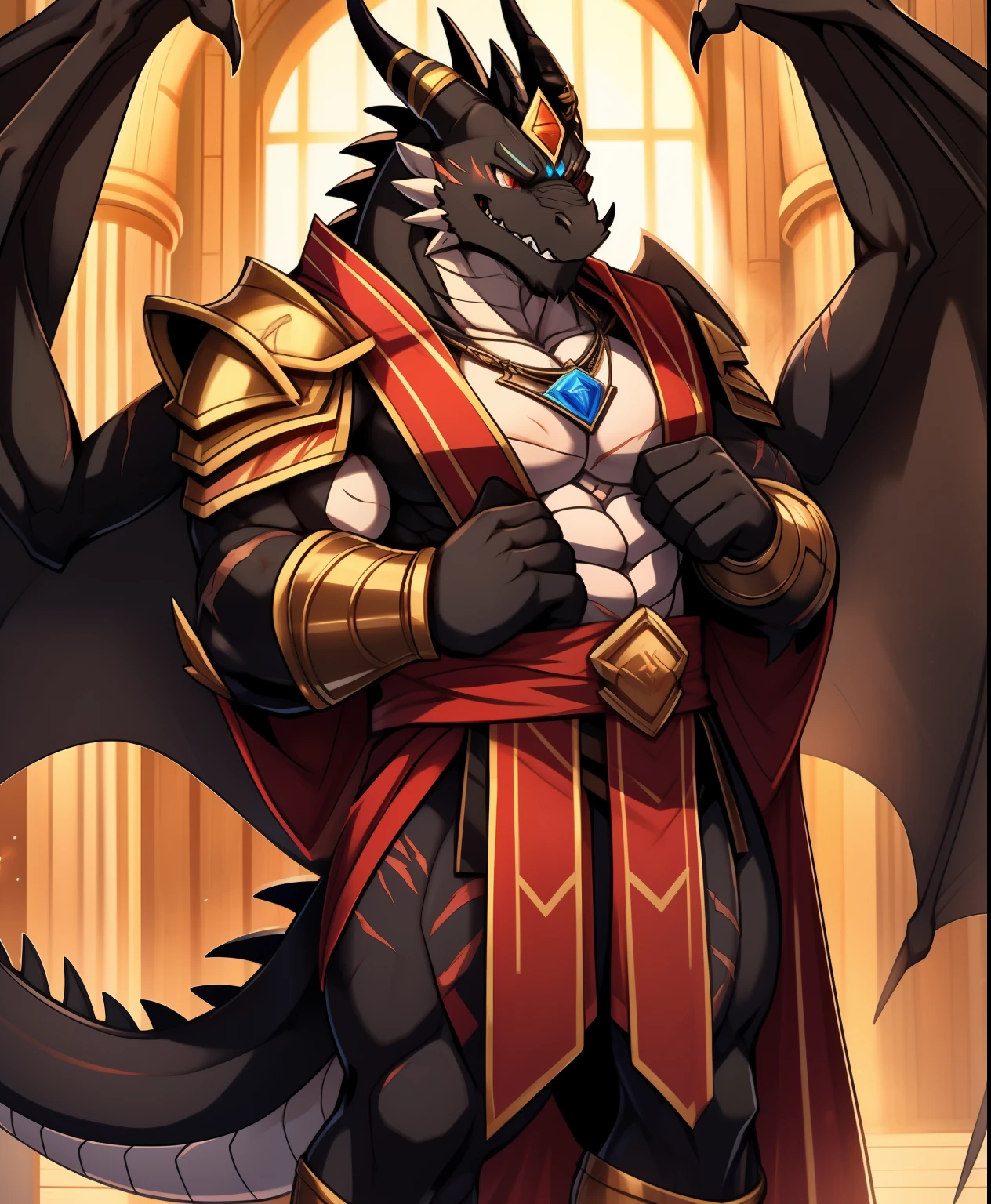 Western Black Dragon，身high腿粗腿长，high，wearing revealing robe，Delicate red eyes，toned body，Lean，Domineering and rigorous personality，stand，Handsome and charming，Dark red and jet black phosphorus armor，Scars on chest and cheeks，full of sexual tension，The tail of a black dragon cannot be too big or too small，With a joking look，high priest