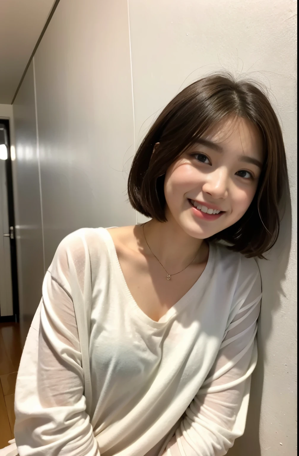 Upper eye, face, baby face, big, short hair, laugh, innocent, fluffy, high school girl, Nude shirt, Skewed,
