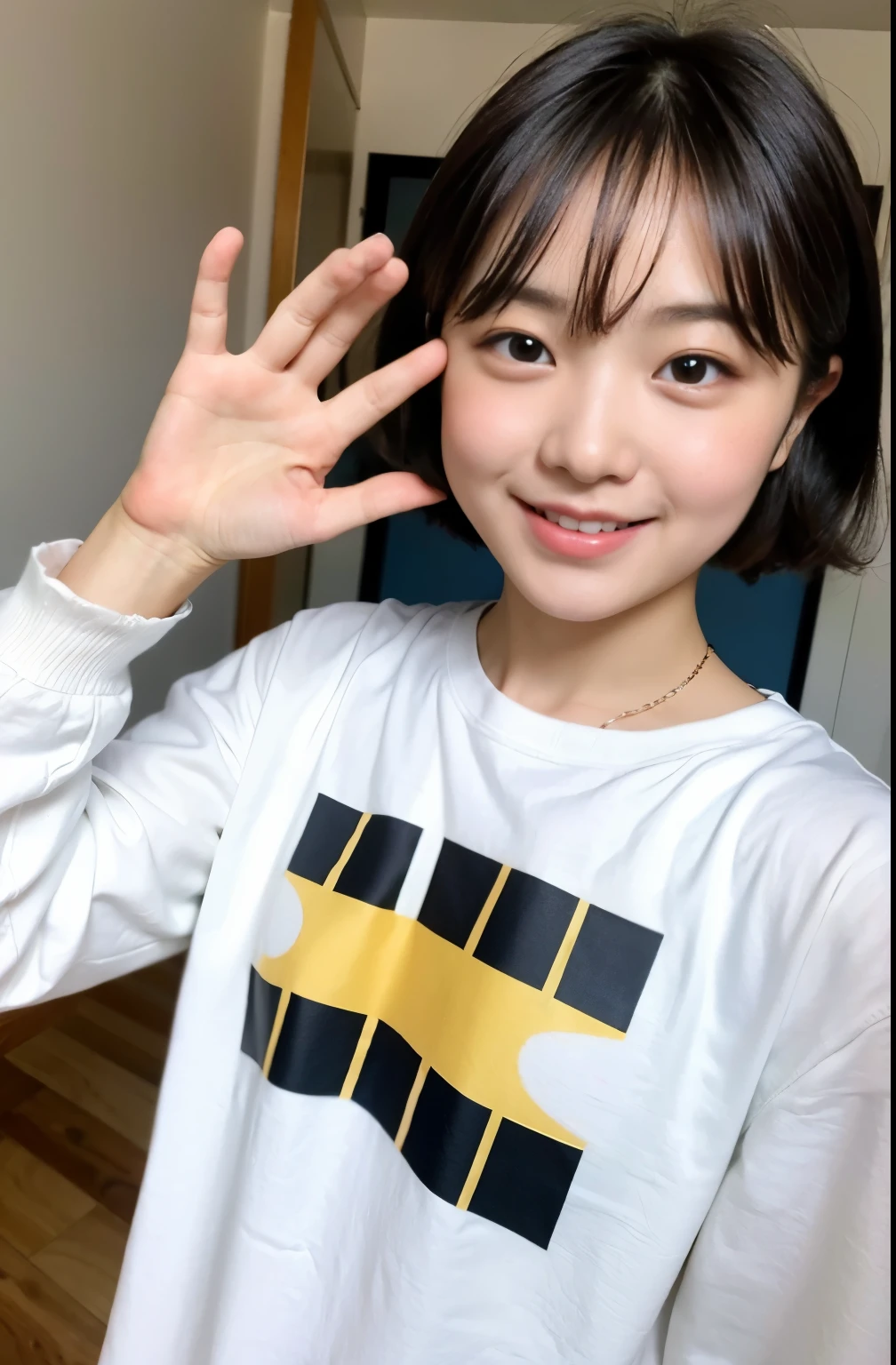 Upper eye, face, baby face, big, short hair, laugh, innocent, fluffy, high school girl, Nude shirt, Skewed,
