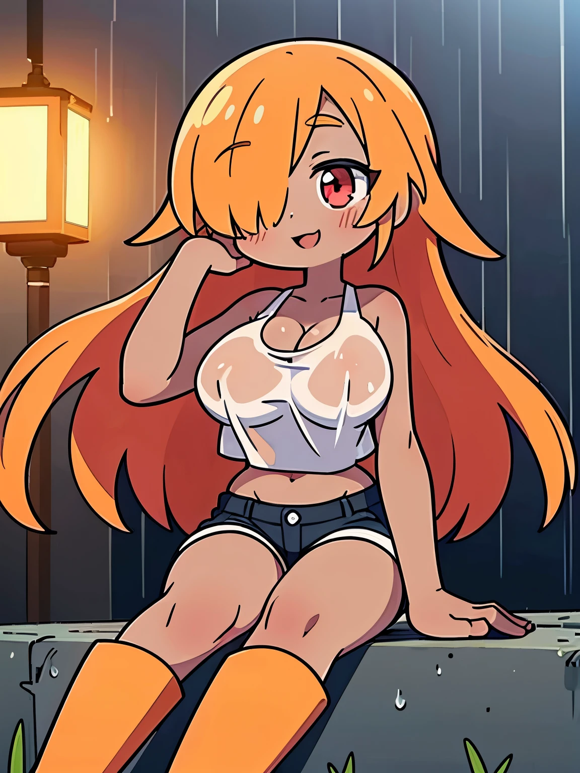 beautiful woman,dark skin,gorgeous full lips,huge breasts,gigantic breasts,deep cleavage,thin body,extra long flowing hair,orange hair,bright red eye,((hair covering one eye)),tight white tank top,see-through tank top,midriff,tiny shorts,low cut boots,outside,in the rain,wet clothes,transparent shirt,playing in the rain,extreme blushing, happy expression,smiling