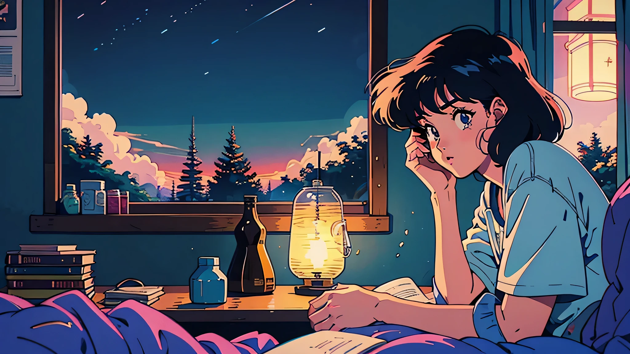 (((cinematic angle))), bed in room with bookshelf, Night sky outside the window, City outside the window, Bedside tables, Table lamps, socks are scattered on the floor, cushion on the floor, (table top:1.5, highest quality:1.5), ((vaporwave style, partially colored)), (((vanilla))), retro anime, 1990s anime, 1980s anime, retro anime style, masterpiece, highest quality, beautiful anime, (ultra-detailed background, detailed background), High resolution, Super detailed, lo-fi illustration, anime art wallpaper 4k, anime art wallpaper 4k,