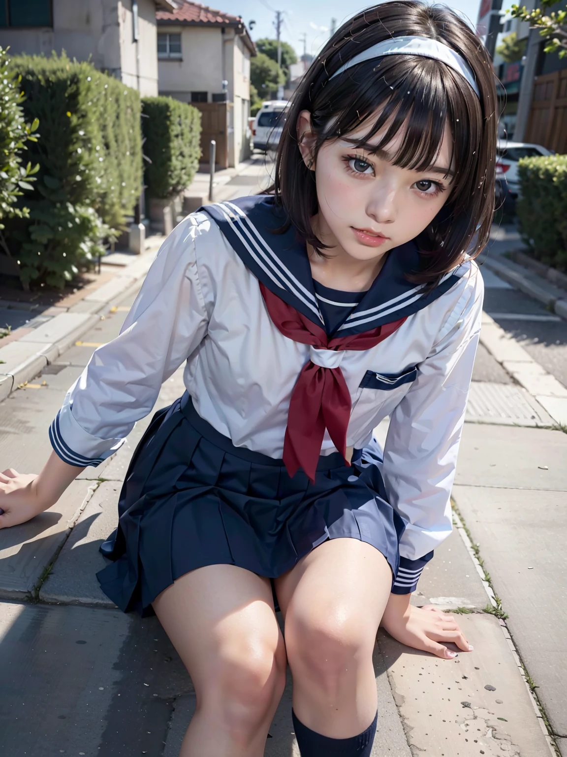 sailor suit, 8K, highest quality, masterpiece, Super detailed, ultra high resolution, realistic, RAW photo, absolute resolution, face is small compared to body, very small face, black hair, japanese school uniform, navy blue sailor uniform, Dark blue skirt, 3D rendering, realistic若い女子高生, ((white headband)), small breasts, expensive, slanted eyes, (school scenery), black stockings, open your mouth, bob cut, position looking down from above, , ❤🔥🍄🌪,