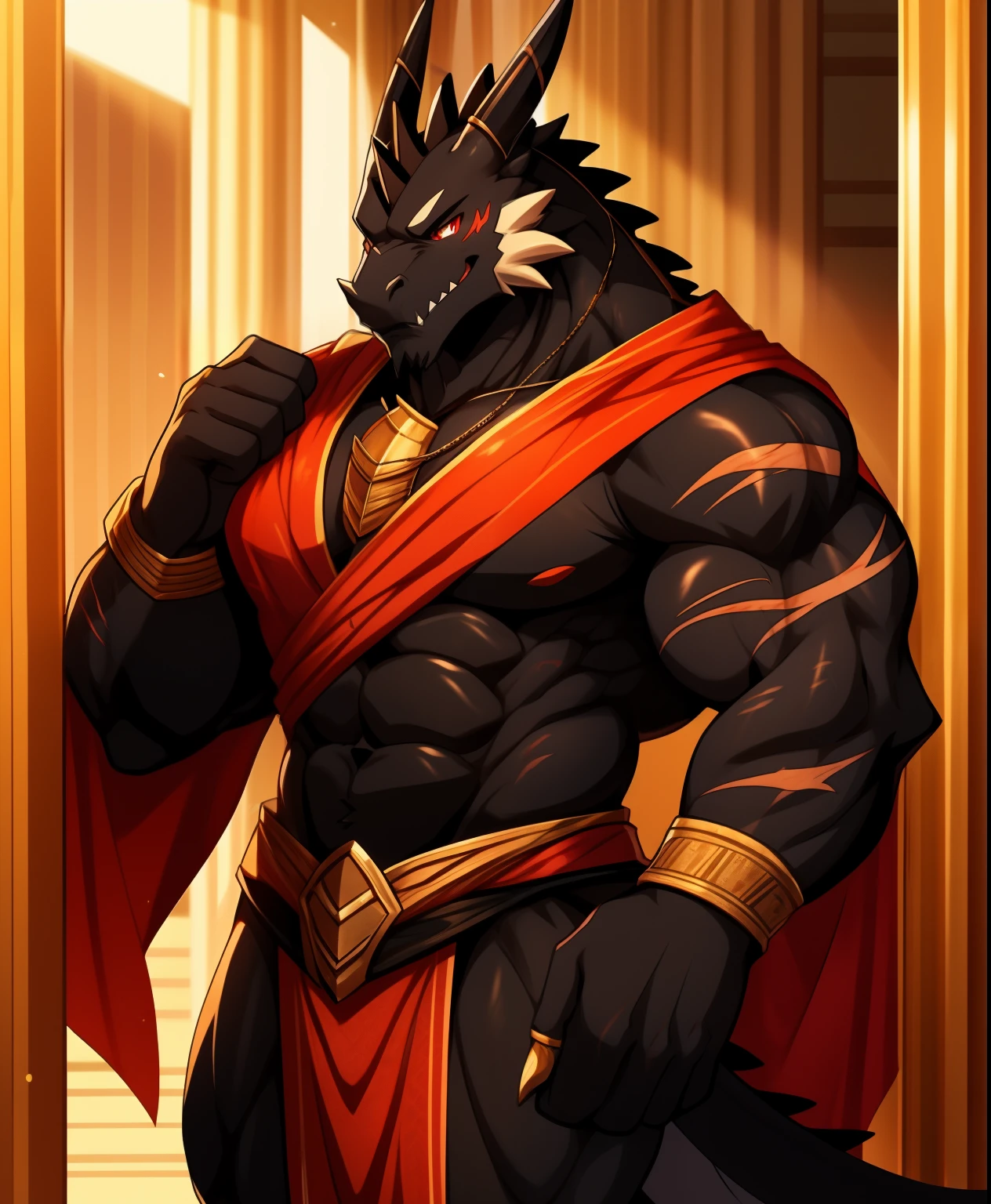 Western Black Dragon，身High腿粗腿长，High，wearing revealing robes，exquisite red eye，toned body，tilt，Domineering and rigorous personality，stand，Handsome and charming，Crimson and jet black phosphorus armor，Scars on chest and cheeks，full of sexual tension，The tail of a black dragon cannot be too big or too small，With a joking look in his eyes，High ，Lean，Congratulations on the new year