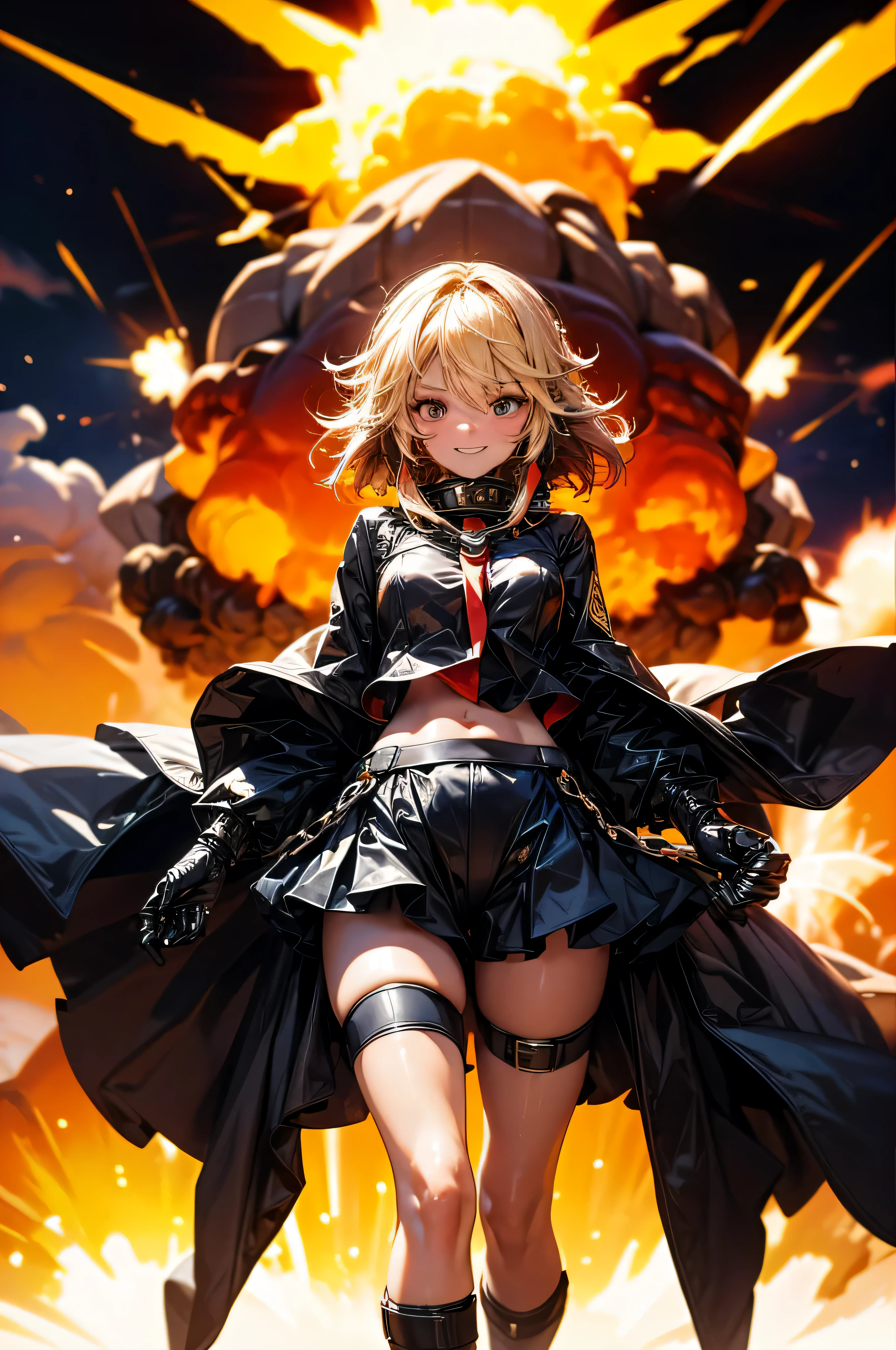 NSFW,((turn your arms behind your back)),(((Explosion in the back:1.5))), ((fold your arms)),((highest quality, 8K, masterpiece: 1.3))), sharp focus: 1.2, beautiful woman with perfect figure: 1.4, thin abs: 1.2, ((layer cut, big: 1.2)), wet body: 1.5, Highly detailed face and skin texture, fine eyes, double eyelid,Thighs that are not too fat, Blonde Side Ponytail Hair, Chain collar,black long coat,excellency'black uniform, from below, smile a little,Navel exposure,two legs,upper arm,toned thighs,spread your legs,Are standing,