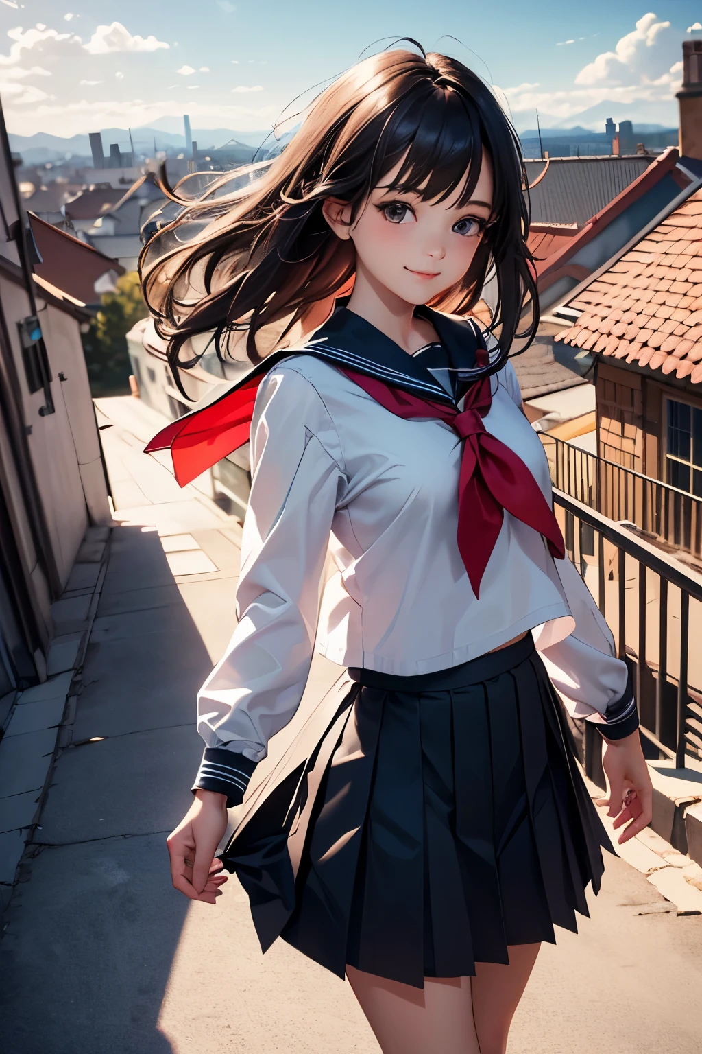 very cute and beautiful girl,teen,(highly detailed beautiful face),
(smile),black hair,(sailor school uniform,pleated navy blue mini skirt),dynamic pose,looking at viewer,
many european houses with red roof,(town overview:1.2),
(best quality,masterpiece:1.2),absurdres,highres,ultra-detailed,extremely detailed,32k,8k resolution,
intricate details,cinematic scene,detailed background,solo,dynamic angle,
solo,hair fluttering in the wind,beautiful detailed sky,
