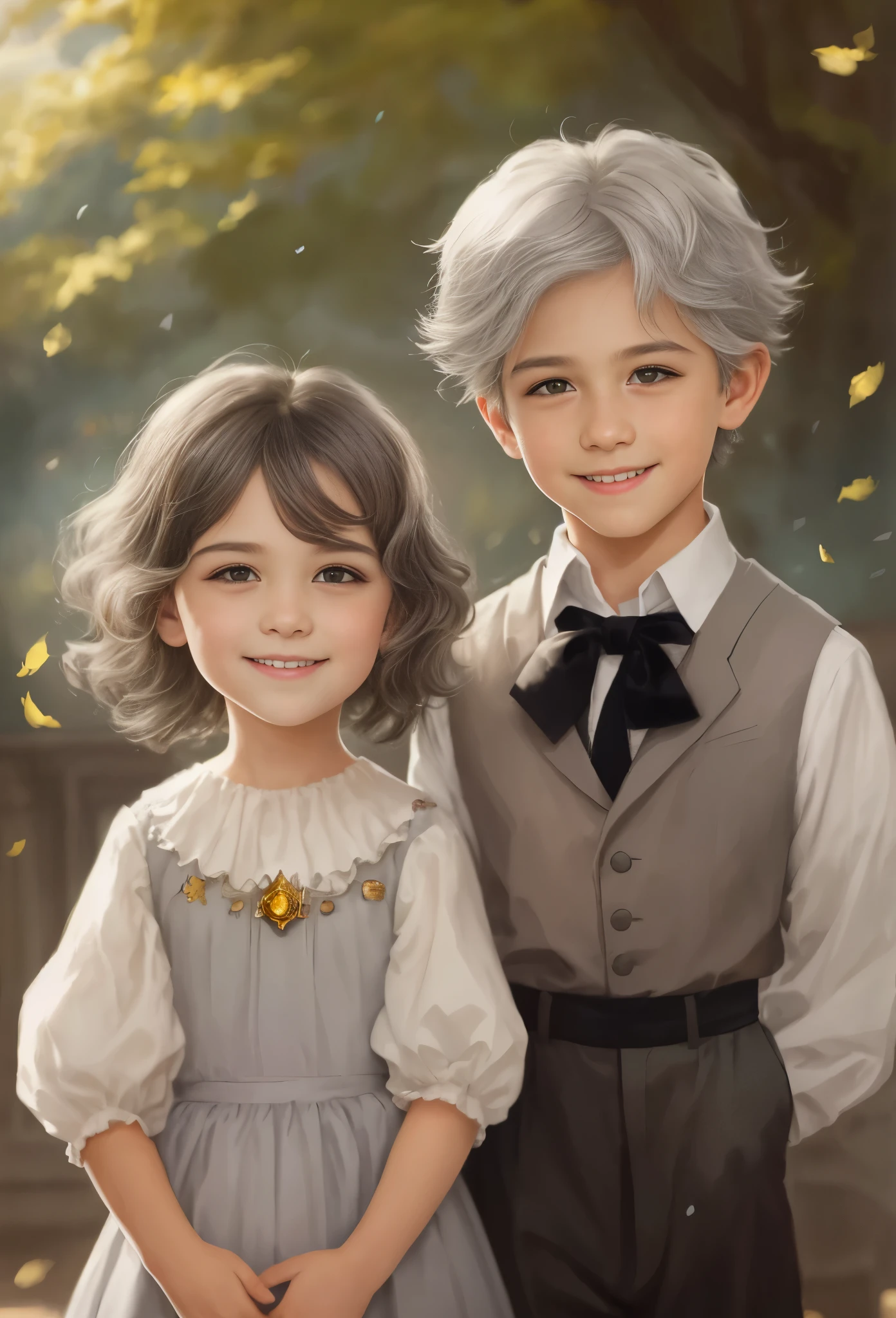 High resolution, portrait, boy and girl with dark hair, , light gray hair, short haircut, yellow eyes, smile, crown, portrait, ballroom in the background, realism, fantasy