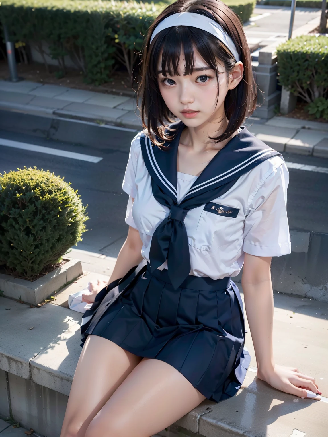 sailor suit, 8K, highest quality, masterpiece, Super detailed, ultra high resolution, realistic, RAW photo, absolute resolution, face is small compared to body, very small face, black hair, japanese school uniform, navy blue sailor uniform, Dark blue skirt, 3D rendering, realistic若い女子高生, ((white headband)), small breasts, expensive, slanted eyes, (park scenery), black stockings, open your mouth, bob cut, position looking down from above, , ❤🔥🍄🌪,