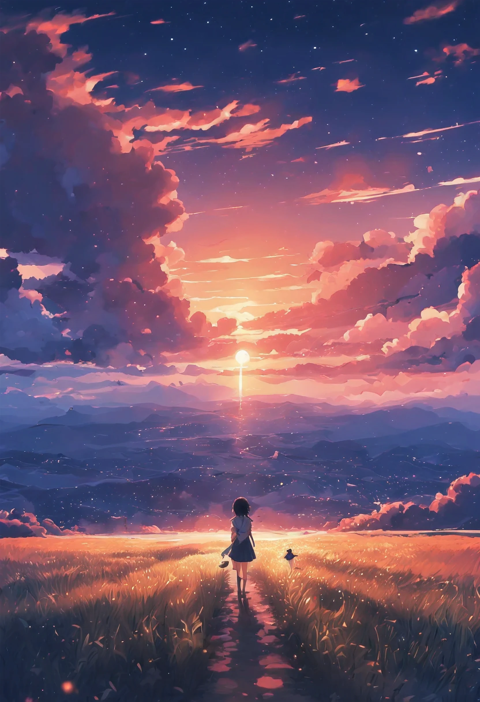 anime, girl, sunset, stars, field, sky, stars, sunset, girl, field, sky, stars, sky, girl, stars, sky,, makoto shinkai cyril rolando, cosmic skies. by makoto shinkai, your name movie style, ( ( makoto shinkai ) ), 4k anime wallpaper, your name, makoto shinkai!