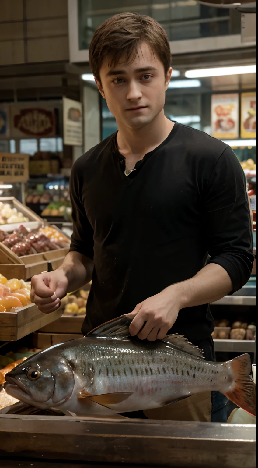 Masterpiece, Highest Quality, Ultra-Detailed, Hyper-Real, Daniel Radcliffe, perfect face, FOTO FRONTAL, cinematic lighthing, full body, Fish market shopping