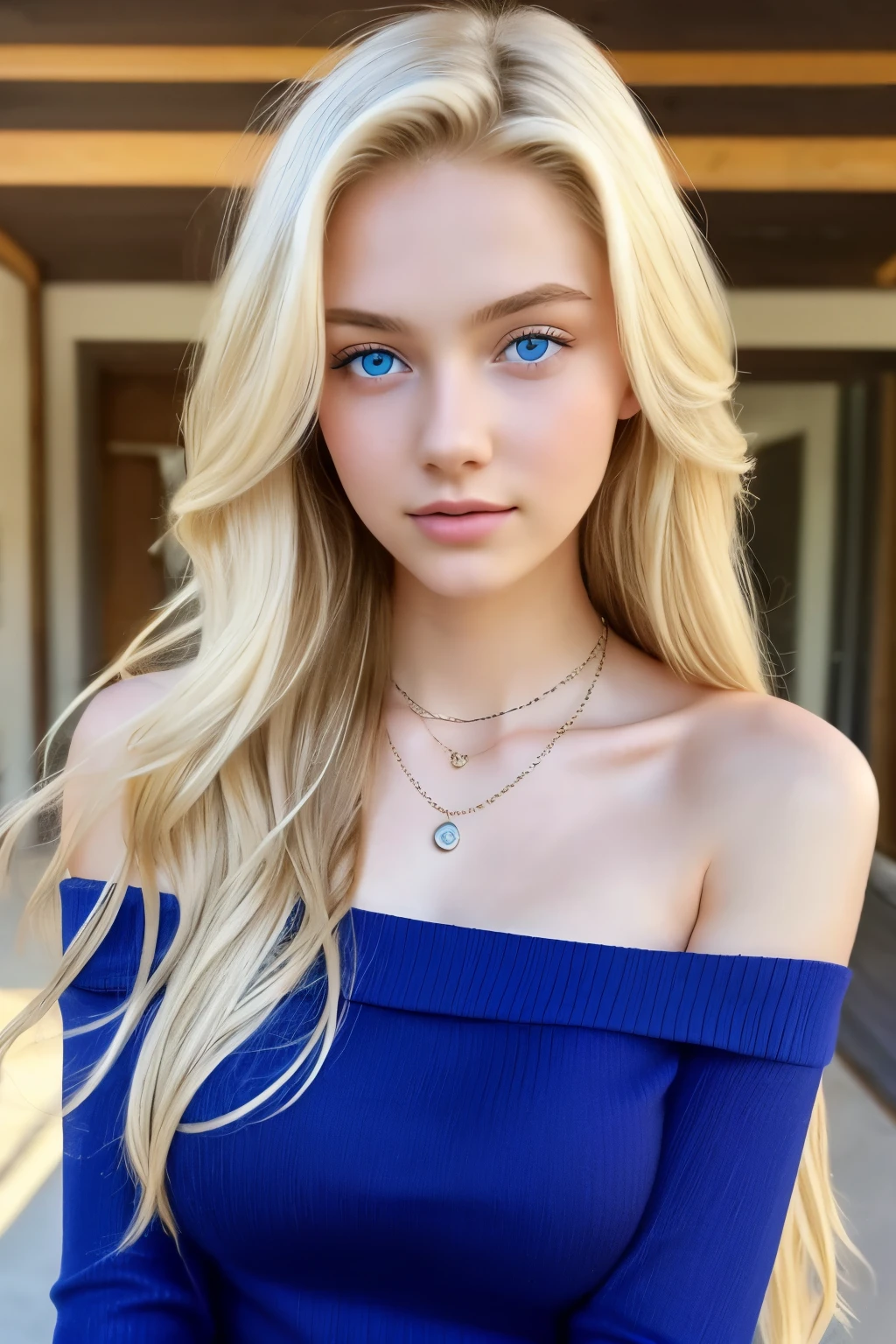 1 girl, 19 years old, alone, long hair, big breasts, looking at the viewer, blonde, bare shoulders, blue eyes, Fair skin, beautiful skin, gem, whole body, necklace, off shoulder, sweater, realistic, Sexy