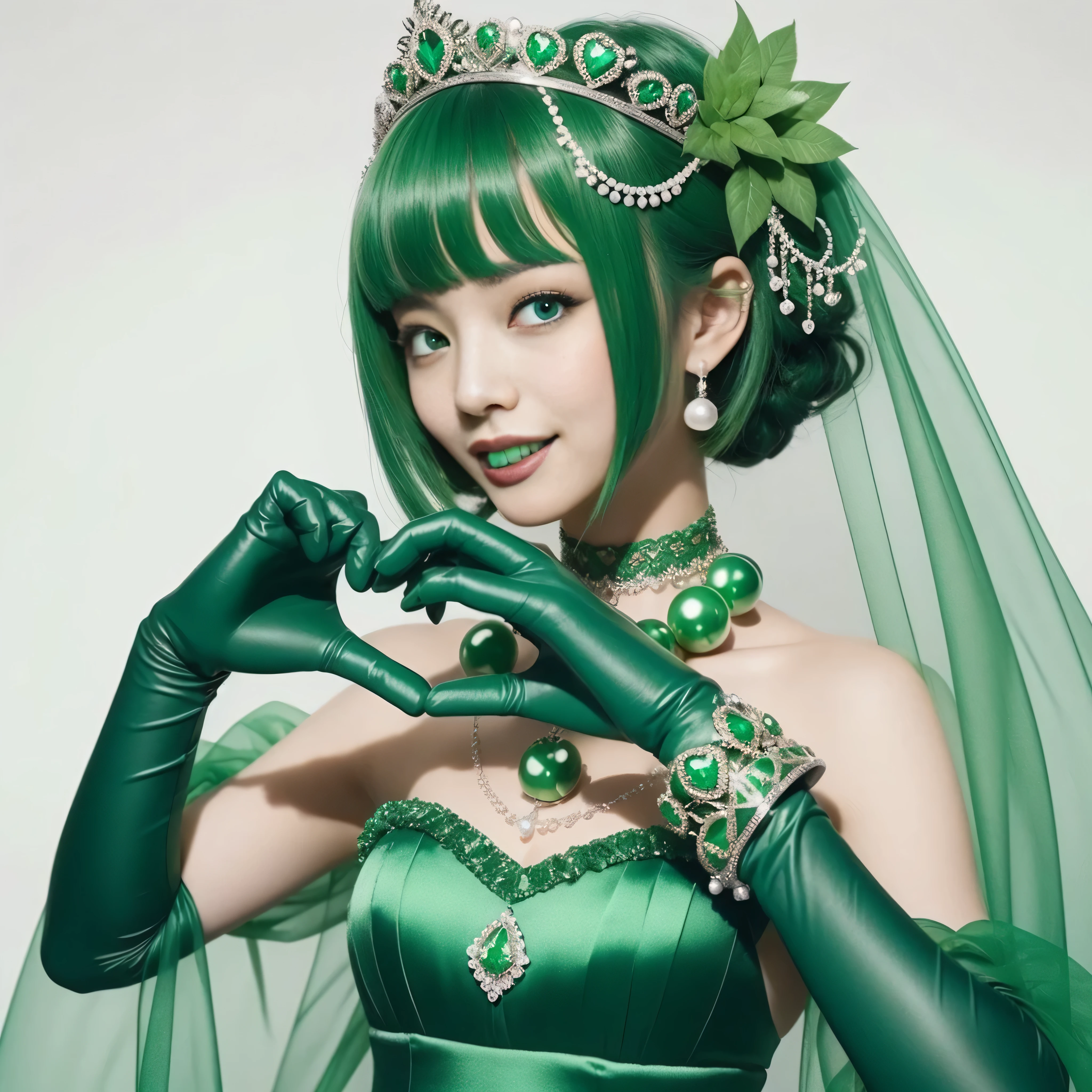 emerald tiara, green pearl necklace, ボーイッシュな非常に短いgreen hair, lipstick, smiling Japanese woman, very short hair, Beauty with large breasts, green eyes, Long Green Satin Gloves, green eyes, emerald earrings, green veil, heart with both hands, green hair, beautiful japanese woman, heart shaped hand:1.3, green lip gloss