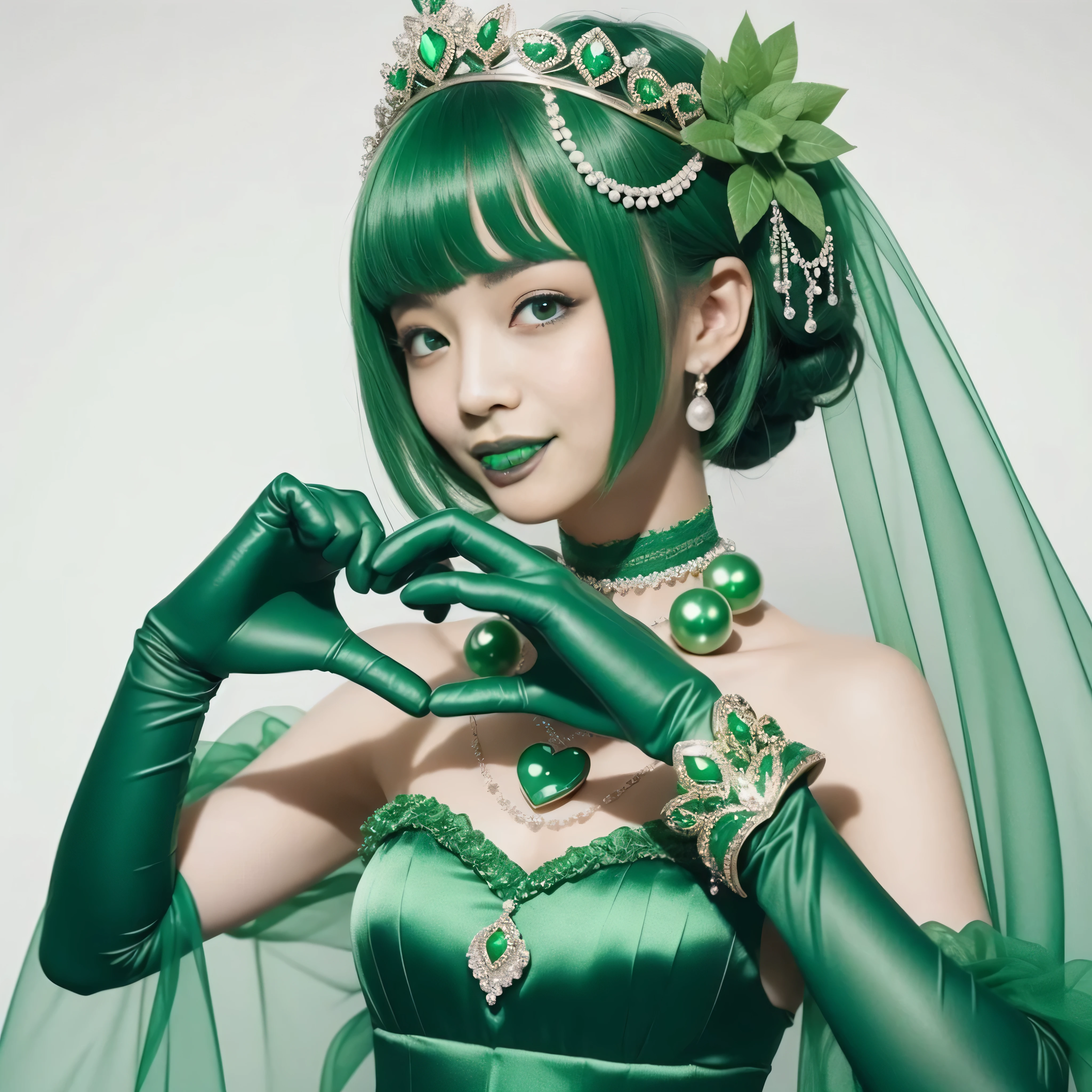 emerald tiara, green pearl necklace, ボーイッシュな非常に短いgreen hair, lipstick, smiling Japanese woman, very short hair, Beauty with large breasts, green eyes, Long Green Satin Gloves, green eyes, emerald earrings, green veil, heart with both hands, green hair, beautiful japanese woman, heart shaped hand:1.3, green lip gloss