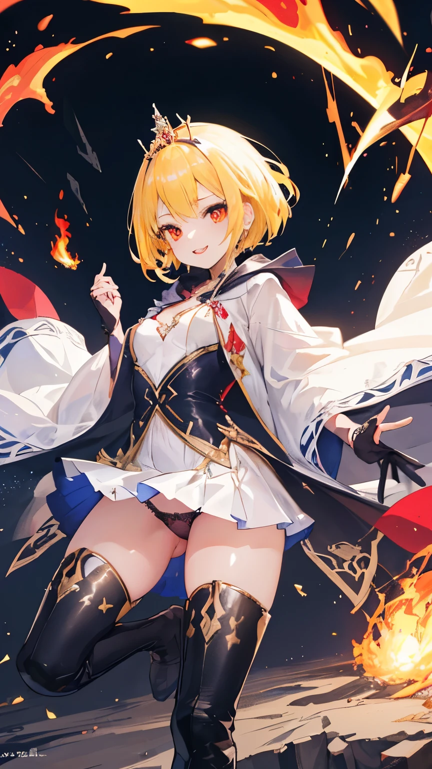 (((1girl))), ((best quality)), ((masterpiece)), ((ultra-detailed)), (illustration), (detailed light), (an extremely delicate and beautiful), (beautiful detailed eyes), (sunlight), ((extremely light)), ((extremely clothes)), (((hyper detail))),(((((front lighting))))),(((((front light))))),
((((quite adorable and very sexy Wizard's robe with a brief skirt and magical tiara)))), (((Master Wizard))),
,
(((wavy manish short bob))), ((((yellow gold hair)))), (((short hair))),
(((deep red eyes))),
((((whole body)))), aged 5 to 8, ((((())))), ((((very adorable young girl)))),
((condescending expression)), ((mischievous smile with sexual satisfaction)), (((extra adorable))), (((((extra slender shape))))),
(((((extremely beautiful detailed face))))),
(((dynamically attacking enemies by a spell of Fire Shield))), (((elegant magic boots))), (((flying widely extended fire shields))),
(Dutch angle), (((elegant magic gloves))), ((transparent magical underskirt)), a little bit exposed adorable magical panties