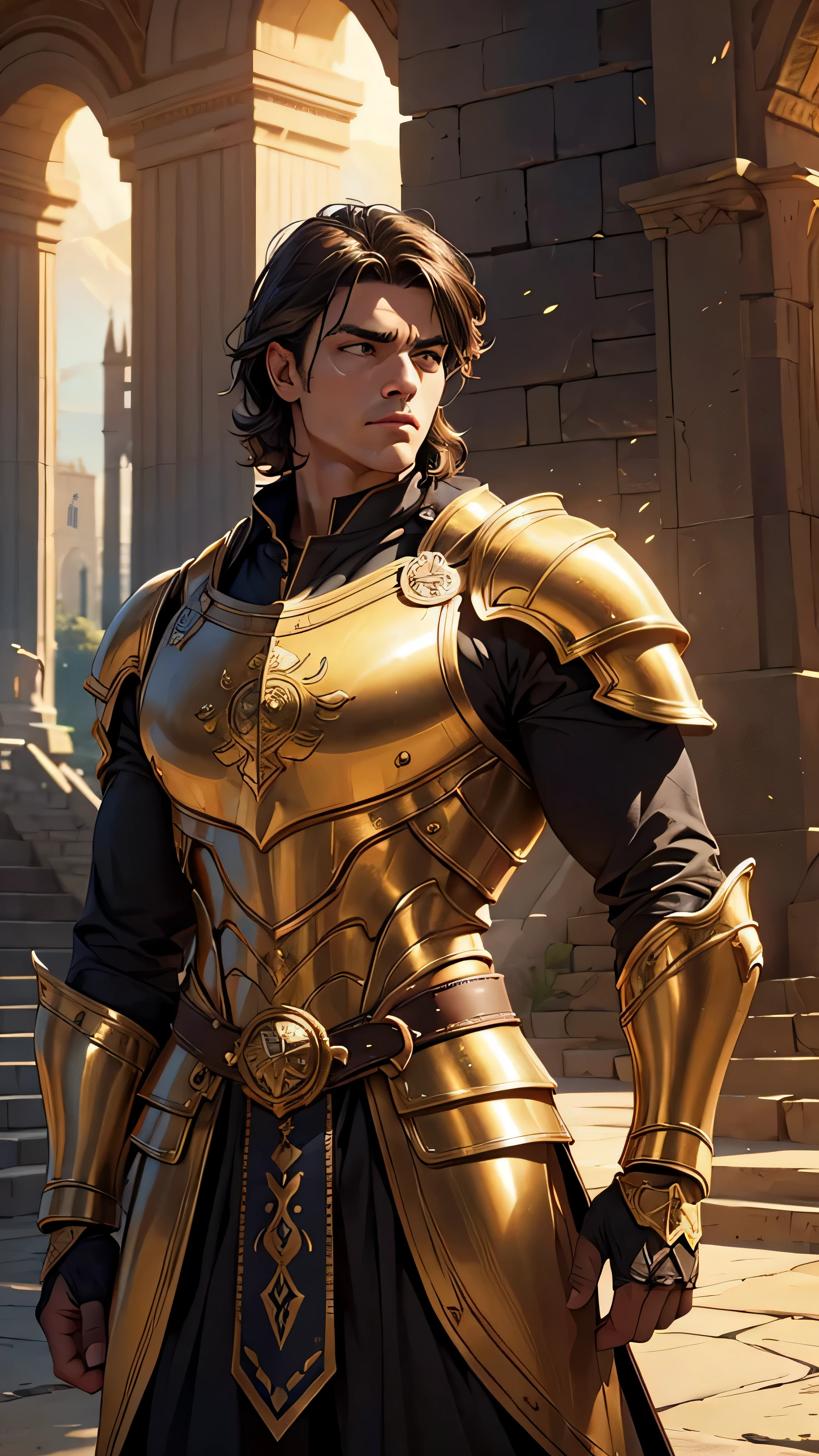Front view dynamic camera angle, Buff boy muscular body with detailed skin and detailed muscles, floating hair and windy leaves, gold armour, brown hair, rugged adult face, looking at viewer, upper body