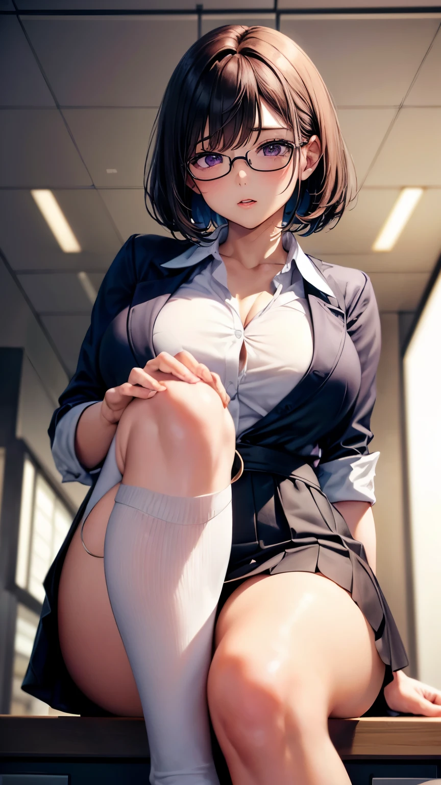 purple short hair Glasses white collared blouse black tight skirt stockings (lanyard id card) 50 years old red rouge plump lips round face Plump (eyecontact) ((A sexy perverted mature woman sitting on a computer desk in the office, pressing her steamy soles against my face, seen from below.)) Beautiful soles toes Sweaty and erotic body Photographed from a low angle masterpiece 8k ((Depicted from a low perspective, as if seen from directly below.)) (私の顔をエナメルのブーツを履いた足で踏もうとする生意気なセクシー変態熟女の蒸れて臭いstockings越のsole))