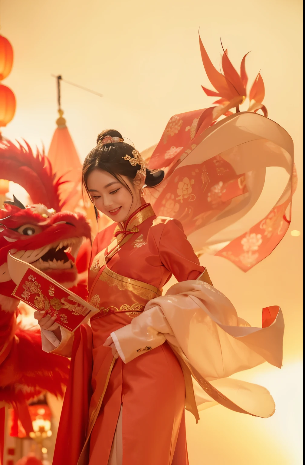 (Best quality, 8k, 32k, Masterpiece, UHD:1.2) "Generate a captivating artwork featuring two Japanese girl models with short, sleek black hair styled in chic bob haircuts, joyously celebrating the Chinese New Year. Infuse the scene with dynamic cinematic lighting, creating a visually striking ambiance that highlights the festive atmosphere. Enrich the composition with vibrant colors, traditional Chinese New Year decorations, and elements that evoke a sense of romance and joy. Capture the models engaged in traditional New Year festivities, perhaps exchanging red envelopes or participating in a vibrant dragon dance. Emphasize the fusion of dynamic lighting, the festive spirit, and a romantic aesthetic to create a visually stunning representation of the joyous celebration."