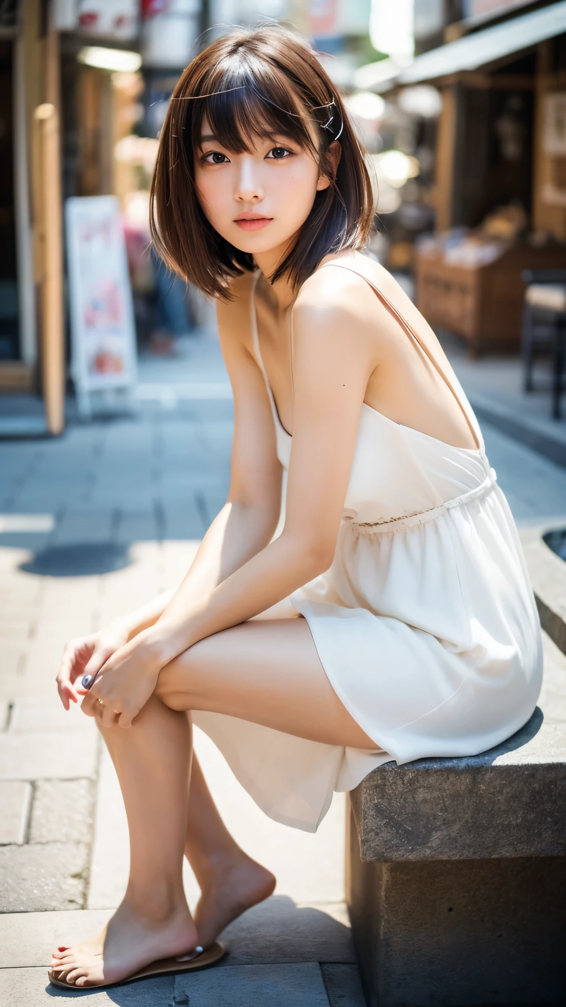 (photo taken:1.2)、(Photoreal:1.4)、(masterpiece:1.3)、(highest quality:1.4)、Super high resolution、(detailed eye)、(detailed facial features)、(Detailed clothing characteristics)、8K resolution、solo focus、bangs、double eyelid、beautiful lips、toned legs、(slender girl)、(japanese girl)、(Japan faces)、1 girl、slim beauty:1.3、brown hair、delicate hair、(big breasts:1.2)、Daikanyama、street、realistic body、white skin、glowing skin、Because I&#39;m slender、(short hair:1.2)、(bangs: 1.2)、Bruised and ugly face、cute face、lifelike face、delicate body、thighs thighs thighs、(Detailed cafe)、coffee、(Pure white dress)、look at the camera、Terrace seats、((sexy pose))、stunning lighting