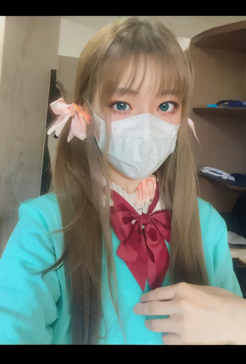 wear mask，green eyeball，Japanese cute girls，high school student