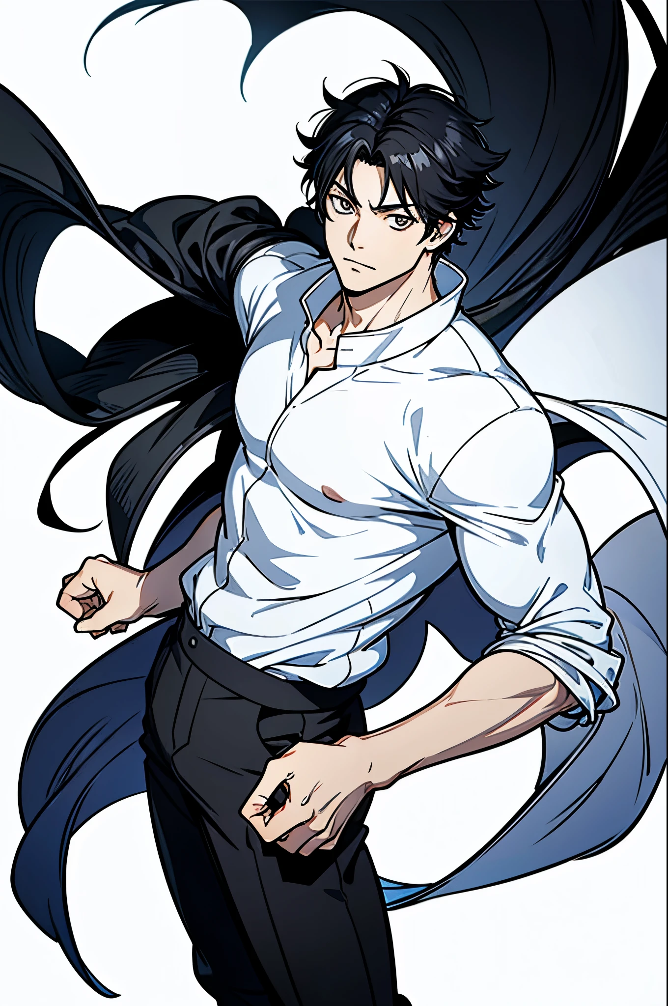 masterpiece, ultra detailed, 4K, 8K, 32K, intricate, (((1boy))), ((black hair)), ((no background)), white background, detailed eyes, white shirt and black pants, school uniform, handsome young man, 18 year old, (((same character))), dynamic pose, bokken, anatomically correct hands, holding bokken, average muscle mass, modern clothing, detailed clothes, (slender body), Gintama, Hideaki Sorachi, Bleach, Tite Kubo, Kazuki Yone