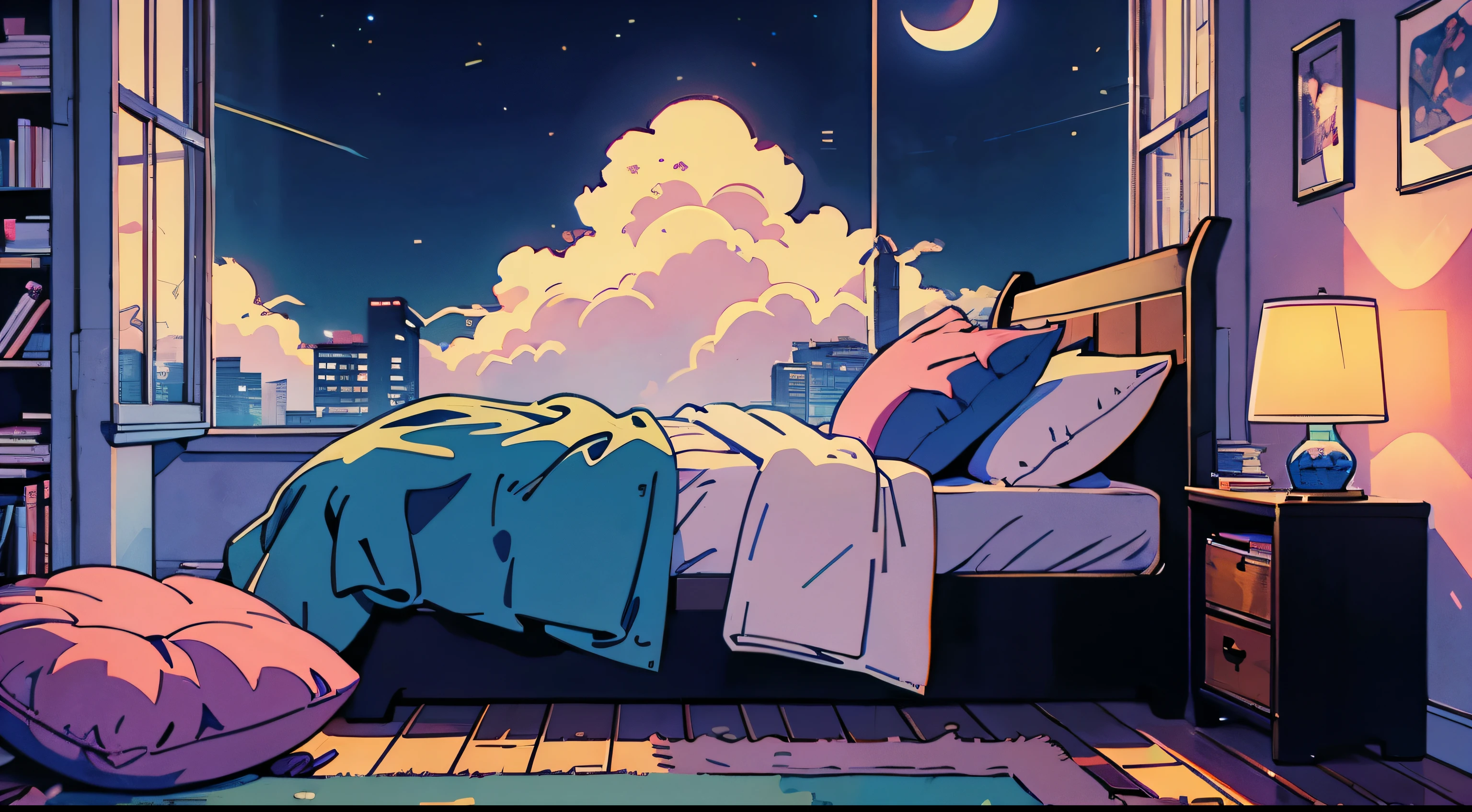 bed in room with bookshelf, Night sky outside the window, City outside the window, Bedside tables, Table lamps, socks are scattered on the floor, cushion on the floor,
(table top:1.5, highest quality:1.5), ((vaporwave style, partially colored)), (((vanilla))),
retro anime, 1990s anime, 1980s anime, retro anime style, masterpiece, highest quality, beautiful anime, (ultra-detailed background, detailed background), High resolution, Super detailed, lo-fi illustration, anime art wallpaper 4k, anime art wallpaper 4k,