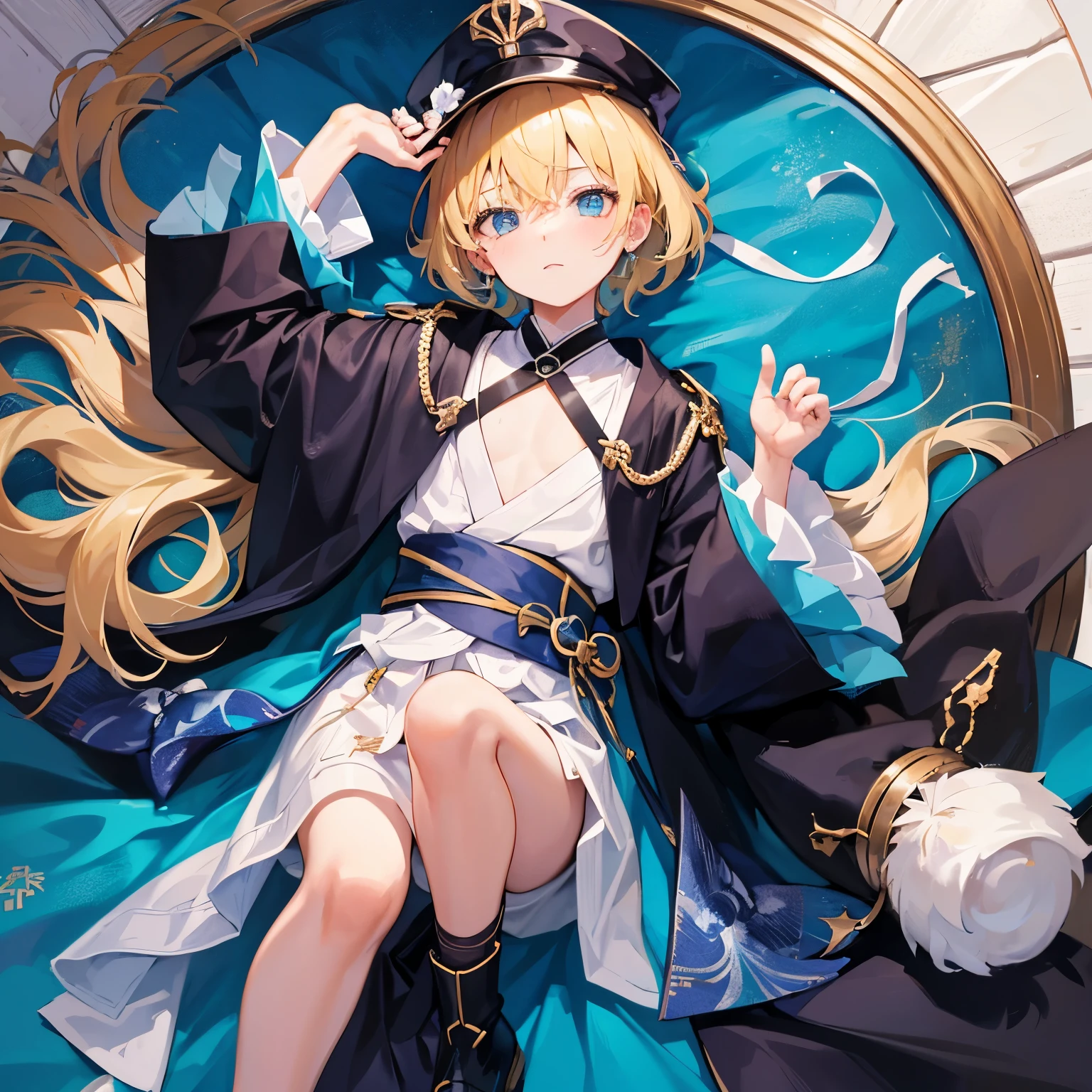 boy, hat kurze blonde haare, sitzt auf dem boden voller dreck an einer backsteinwand, er weint, He wears a black and blue kimono, er hat ein halsband an