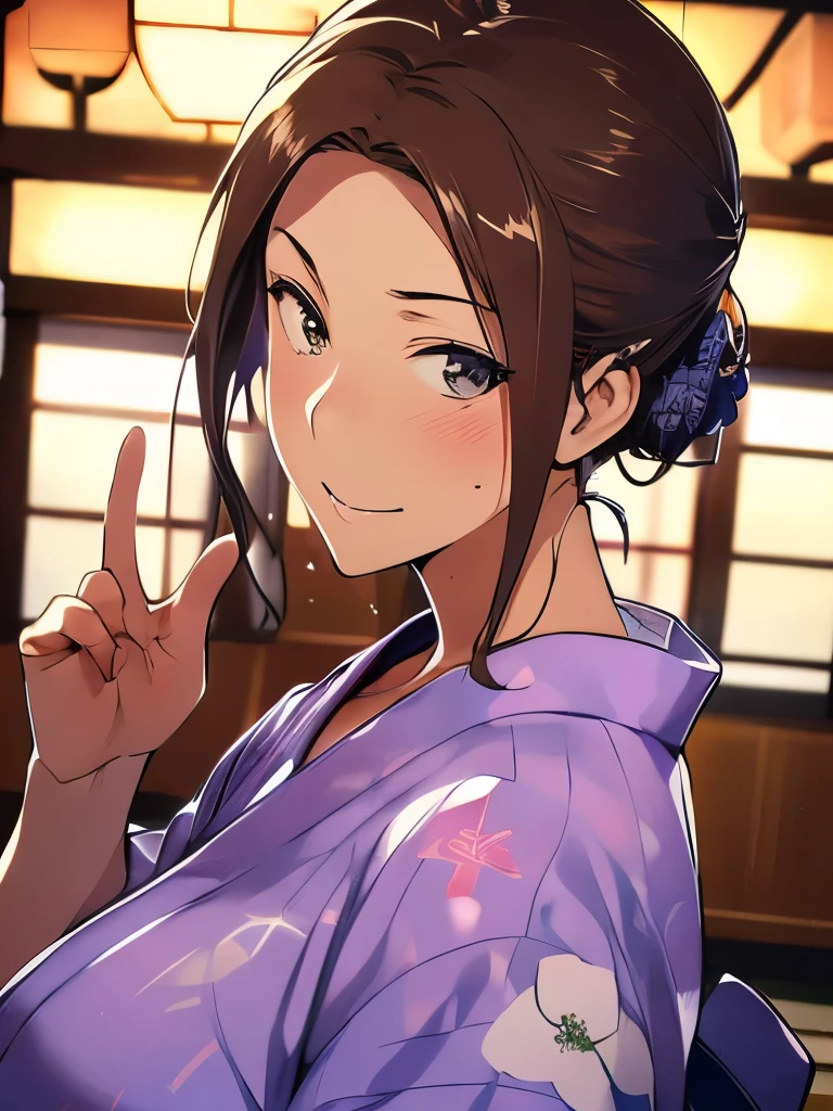 masutepiece、Best Quality、 完璧な人体、ultra-detailliert、hight resolution、8K Wallpapers、Perfect dynamic composition,、Beautiful detailed eyes、Natural Color Lip、Bold sexy poses、Smile、20 years girl、sexy milf、Sexy shot looking at camera、(top-quality: 1.3), (masterpiece: 1.3), (Super Detail: 1.3), (wall-paper, one girls: 1.1)、(Detailed hands and fingers:1.2)、(Detailed ultra-oily shiny skin:1.1)、(Yukata at the ryokan:1.4)、(Raw feet:1.3)、Beautiful sister、(Luxury Ryokan:1.2)、大きな胸の谷間、はだけた着衣、完全に安全安心、(大きく美しい長乳:1.4) 、Stay in a Japanese-style room、Tatami mats、sexypose、is standing、布団、寝具、和風の布団、Jin (MTSP)'s Tachibana Kyouka