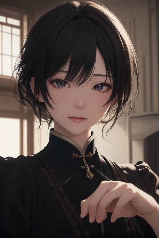 
 (Masterpiece:1. 2), Best picture quality, high resolution, unity 8k wallpaper, (Illustration: 0.8),Very Fine Face, Perfect Lighting, Very Fine CG, (Perfect Hands, Perfect Anatomy), (黒髪), (長い髪:1.2), (非対称の前髪:1.2)
