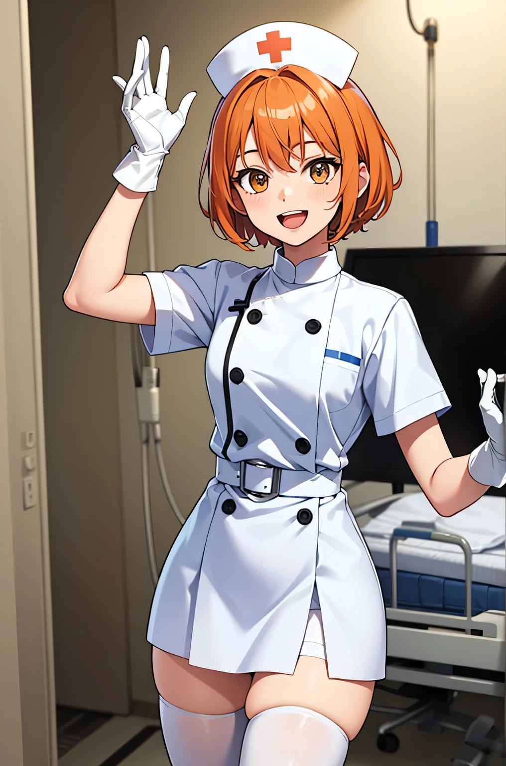 1 girl, alone, nurse, nurse cap, Whiteware, ((white legwear, zettai ryouiki)), white gloves, very short hair, orange hair, smile, open your mouth, Are standing, ((hospital room)), sharp outline, short sleeve, Tomboy, boyish, highest quality, masterpiece
