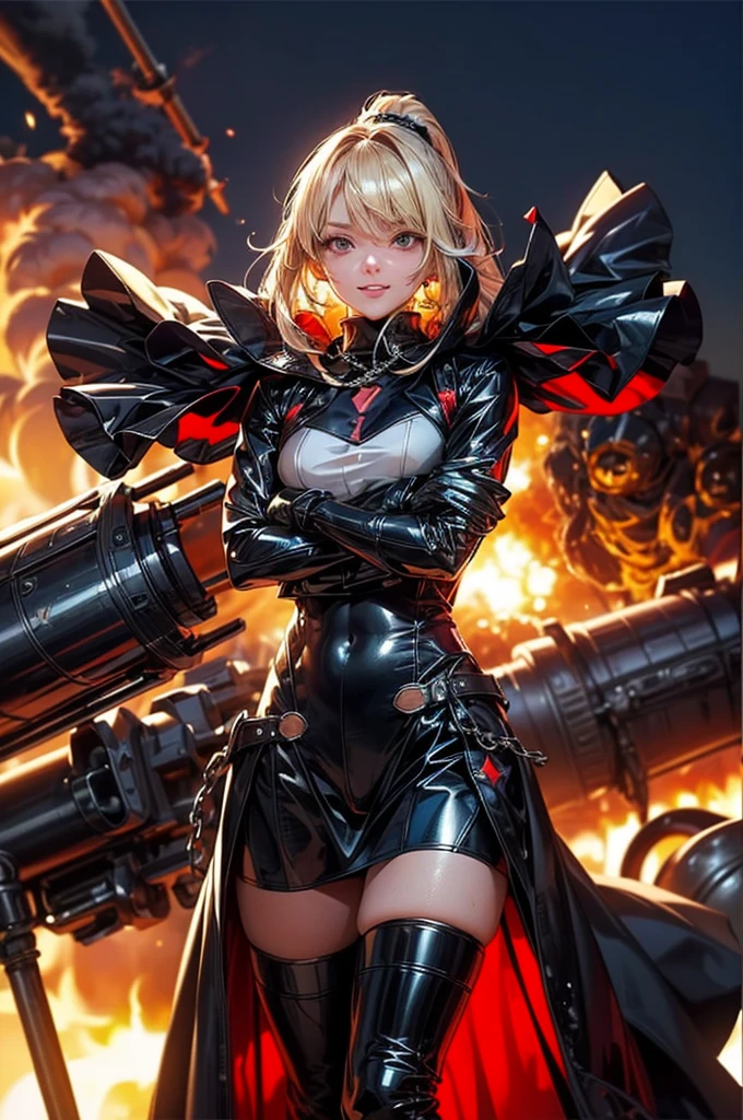 NSFW,((turn your arms behind your back)),(((explosion behind:1.5))), ((fold your arms)),((highest quality, 8K, masterpiece: 1.3))), sharp focus: 1.2, beautiful woman with perfect figure: 1.4, thin abs: 1.2, ((layer cut, big: 1.2)), wet body: 1.5, Highly detailed face and skin texture, fine eyes, double eyelid,Thighs that are not too thick, Blonde Side Ponytail Hair, first round,black long coat,black thigh high boots, black corset, black leather panties, from below, smile a little,Navel exposed,Two legs,Two arms,Thighs that are not too fat,open legs,Are standing,