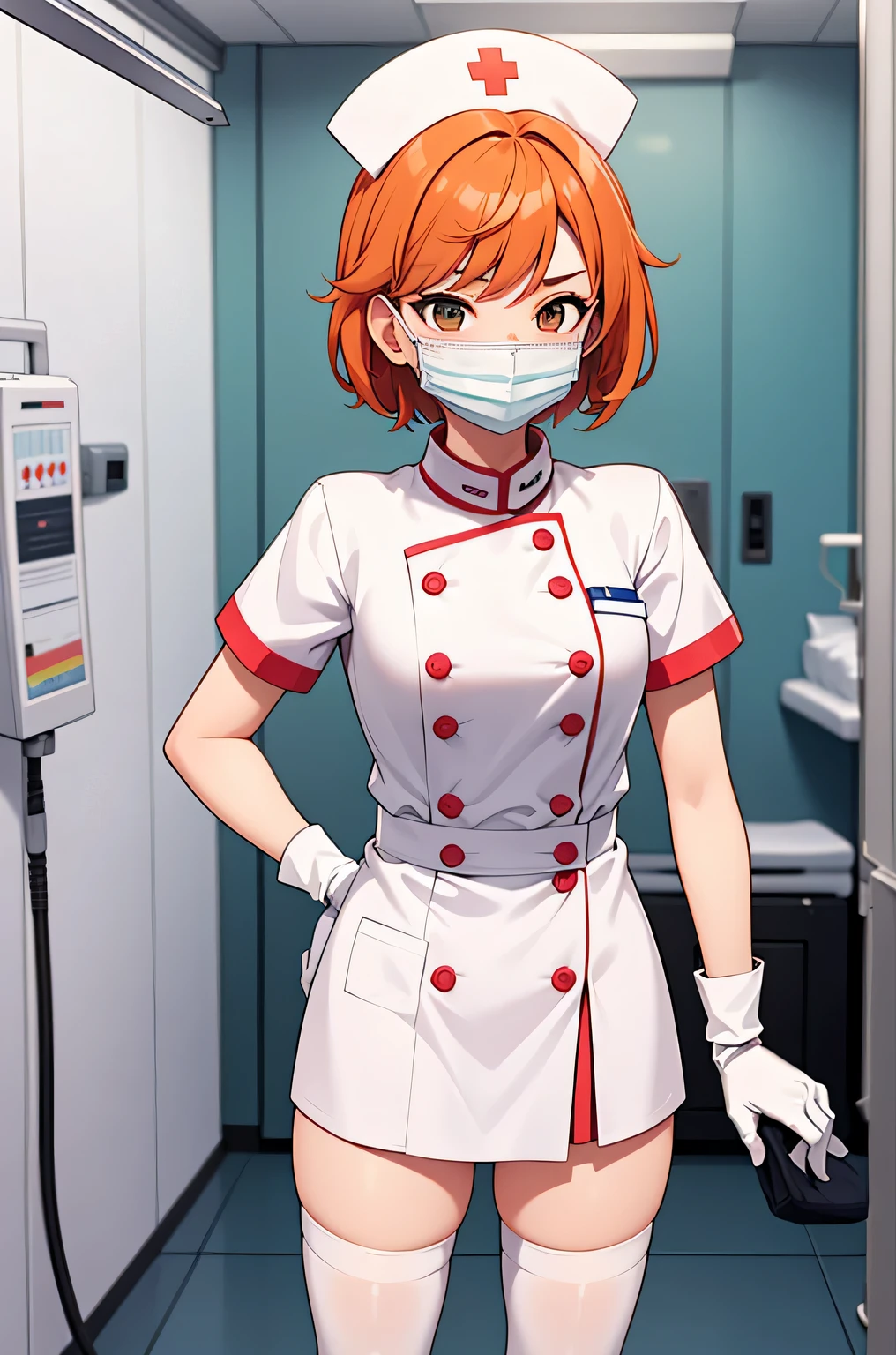 1 girl, alone, nurse, nurse cap, Whiteware, ((white legwear, zettai ryouiki)), white gloves, very short hair, orange hair, ((White surgical mask, Covered nose)), Are standing, ((hospital room)), sharp outline, short sleeve, Tomboy, boyish, highest quality, masterpiece