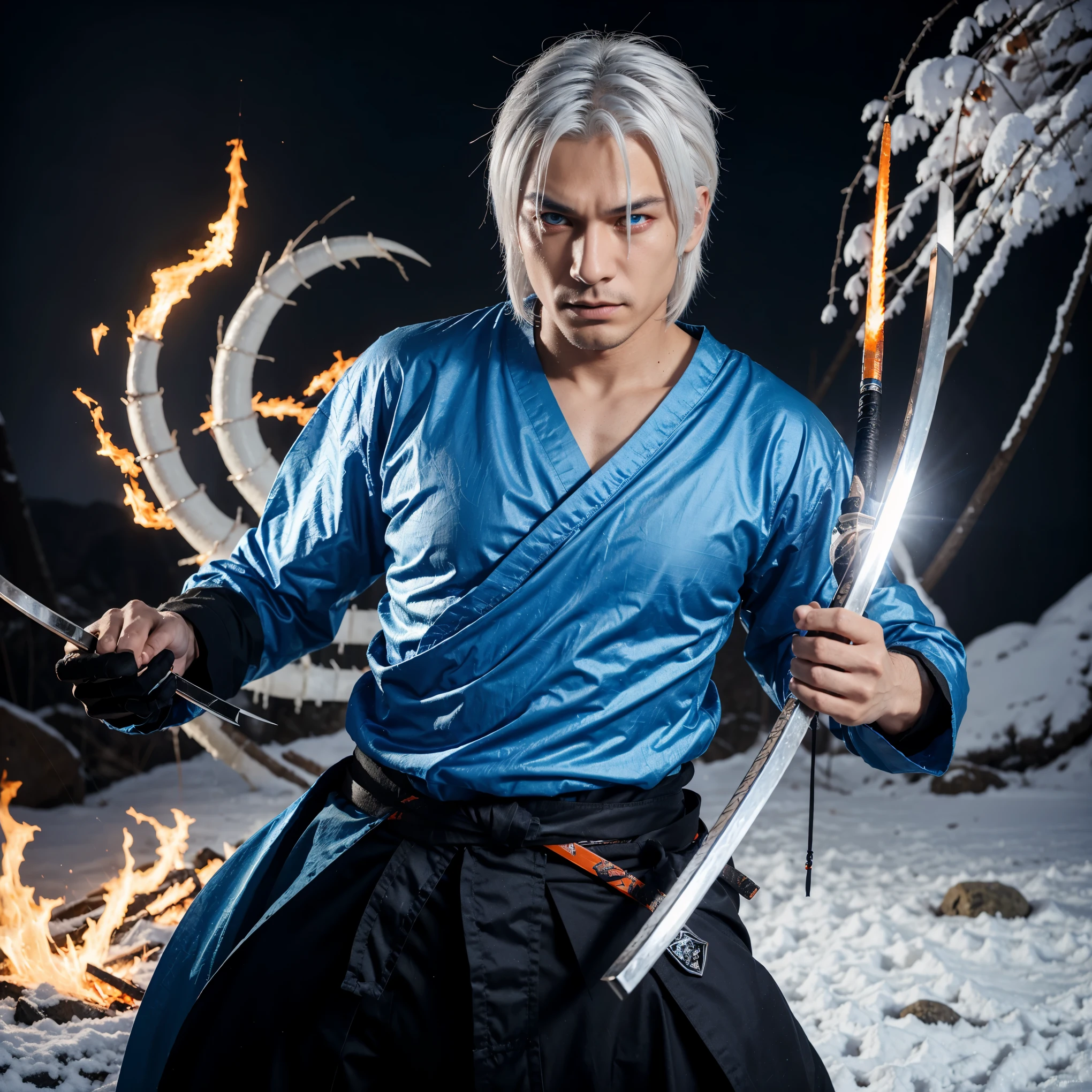 1 boy, male focus, Intricate details, 1 man, handsome, white hair, vibrant green eyes, slim muscles, アニメ, 19 years old, 19 years old, a small goatee, Shinigami kimono, Shinigami, bleach style, bleach, Tank top, kimono , bleach, bleach style (black kimono), (the character would be releasing all his power on the battlefield, using your scythe launching negative flames at your opponents, leaving the entire battlefield in black flames)