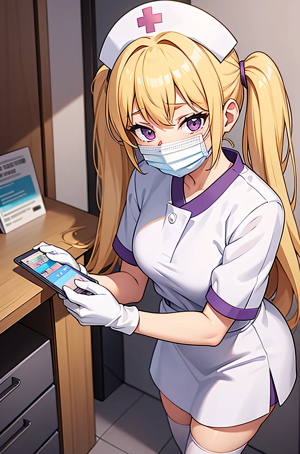 1 girl, alone, nurse, nurse cap, Whiteware, ((white legwear, zettai ryouiki)), white gloves, twin tails, yellow hair, purple eyes, ((White surgical mask, Covered nose)), Are standing, ((hospital room)), sharp outline, short sleeve, highest quality, masterpiece